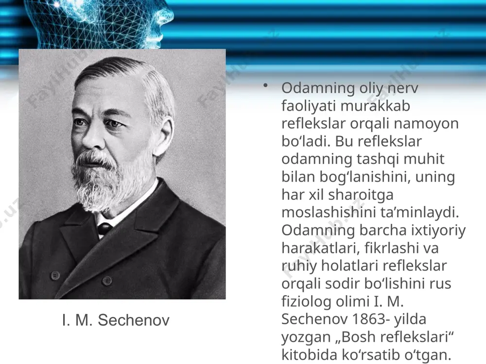 n boshqa bir kuchli qo‘shimcha yot ta’sir ko‘rsatilsa, uning bosh miyadagi nerv markazida kuchli qo‘zg‘alish yuzaga keladi. bu esa induksiya qonuni asosida bajariladigan refleks markazining ishini tormozlaydi va refleks vaqtincha to‘xtab qoladi. shuningdek, rasmda elektr lampa yorug‘ligi ta’sirida itda so‘lak ajralishining shartli refleksi, kuchli qo‘shimcha yot qitiqlagich sifatida qo‘ng‘iroq tovushi ta’sir etishi natijasida eshitish markazining qo‘zg‘alishi, shartli refleks markazlari tormozlanganligi va so‘lak ajralishi to‘xtab qolganligini ko‘rish mumkin. refleks turlari. reflekslar yuzaga kelish sababiga, ahamiyatiga, natijasiga va boshqa xususiyatlariga ko‘ra quyidagi turlarda bo‘ladi: biologik ahamiyatiga ko‘ra: — ovqatlanish reflekslari — organizmni ovqat bilan ta’minlashga qaratilgan; — himoyalanish reflekslari — organizmni tashqi muhitning noqulay ta’sirlaridan himoya qilishga qaratilgan; — mo‘ljal olish refleksi — notanish joylarga borib qolganda odam o‘zi turgan joyni, yo‘lni aniqlashga qaratilgan; — jinsiy reflekslar — nasl qoldirishga qaratilgan. reflekslar natijasiga ko‘ra, musbat va manfiy bo‘ladi: — musbat reflekslar ma’lum bir ishni bajarishga qaratiladi. masalan, yurish, yugurish, ovqatlanish, o‘qish, yozish, …