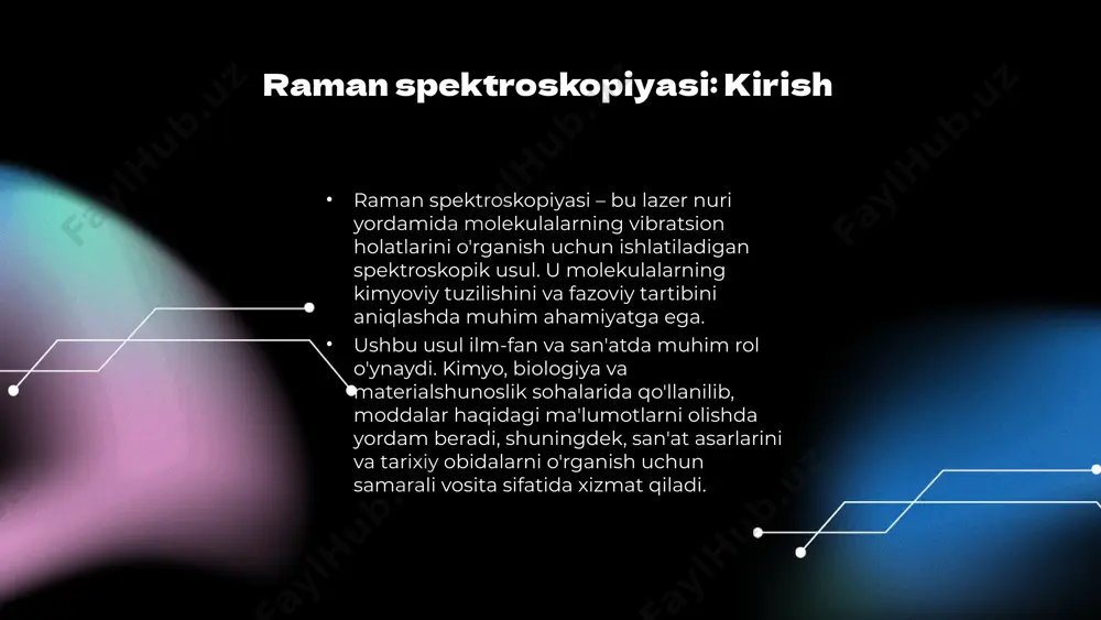 ojlanishida 4 ta asosiy yo'nalish mavjud: 1) nanopartikullar yordamida spektroskopik o'lchovlar, 2) multidimenzional spektroskopiya, 3) mobil spektroskopik qurilmalar, 4) avtomatlashtirilgan analiz tizimlari. 1) nanopartikullar yordamida nanopartikullar yordamida raman spektroskopiyasi, yuqori sezgirlik bilan materiallarning strukturasini o'rganishga imkon beradi. bu yangi materiallar va ularning xususiyatlarini o'rganishda qo'llaniladi. 2) multidimenzional spektroskopiya multidimenzional spektroskopiya yordamida bir vaqtning o'zida bir nechta parametrlarni o'lchash mumkin, bu esa murakkab tizimlarni yanada chuqurroq tushunishga yordam beradi. kelajakda rivojlanish va innovatsiyalar - raman spektroskopiyasining kelajakdagi istiqbollari yangi texnologiyalar va tadqiqot metodlari orqali kengaymoqda. - innovatsion texnologiyalar: avtomatlashtirilgan spektroskopiya va sun'iy intellektdan foydalanish tadqiqot jarayonlarini tezlashtiradi. - rivojlanish tendensiyalari zamonaviy tadqiqotlar ko'rinishini o'zgartirib, sifatli natijalar olish imkoniyatini yaratadi. - kichik bizneslar uchun zamonaviy dasturiy ta'minotlar yordamida raman spektroskopiyasini qo'llash yangi imkoniyatlar yaratadi. yangi texnologiyalar va usullar raqamli texnologiyalar: nazorat va o'lchov jarayonlari. raqamli texnologiyalar raman spektroskopiyasida nazorat va o'lchov jarayonlarini takomillashtirishga yordam beradi. bu texnologiyalar, masalan, ma'lumotlarni tez va aniq …