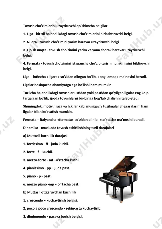 hi belgilar va dinamik belgilar. tovush cho’zimlarini uzaytiruvchi qo’shimcha belgilar 1. liga - bir xil balandlikdagi tovush cho’zimlarini birlashtiruvchi belgi. 2. nuqta - tovush cho’zimini yarim baravar uzaytiruvchi belgi. 3. qo’sh nuqta - tovush cho’zimini yarim va yana chorak baravar uzaytiruvchi belgi. 4. fermata - tovush cho’zimini istagancha cho’zib turish mumkinligini bildiruvchi belgi. liga – lotincha «ligare» so’zidan olingan bo’lib, «bog’lamoq» ma’nosini beradi. ligalar boshqacha ahamiyatga ega bo’lishi ham mumkin. turlicha balandlikdagi tovushlar ustidan yoki pastidan qo’yilgan ligalar eng ko’p tarqalgan bo’lib, ijroda tovushlarni bir-biriga bog’lab chalishni talab etadi. shuningdek, motiv, fraza va h.k.lar kabi musiqaviy tuzilmalar chegaralarini ham ligalar bilan ko’rsatish mumkin. fermata – italyancha «fermata» so’zidan olinib, «to’xtash» ma’nosini beradi. dinamika - muzikada tovush eshitilishining turli darajalari a) muttasil kuchlilik darajasi 1. fortissimo - ff - juda kuchli. 2. forte - f – kuchli. 3. mezzo-forte - mf –o’rtacha kuchli. 4. pianissimo - pp – juda past. 5. …