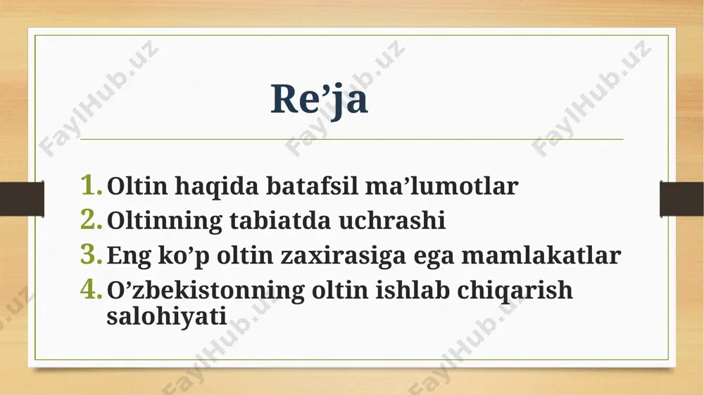 ynash temperaturasi 2880°. moos shkalasi boʻyicha qattikligi 2,5. oltin yum-shoq bulganligi uchun uning kumush yoki mis qoʻshib tayyorlangan qotishmalari ishlatiladi. oltin — kimyoviy jihatdan juda passiv element. havoda oʻzgarmaydi. sulfat kislota, nitrat kislota va boshqalarda erimaydi: faqat zar suviaa, xlorli suvda va ishqoriy metallarning sianidlari eritmalarida eriydi. xlor bilan birikadi. oltin oʻz birikmalaridan oson kaytariladi va kompleks birikmalar hosil qila oladi. simobda erib, oltin amalgamasiga aylanadi. birikmalarda 1 va 3 valentli boʻladi. 3 valentli oltin birikmalari barqaror hisoblanadi. oltin rudalardan bir necha usulda, mas, oltinli qumni suv bilan yuvib, zarralar holida ajratib olinadi. oltin amalgamatsiya usulida ham boyitiladi. uning kaliy sianid kcn eritmasida (kislorod ishtirokida) va xlorli suvda erishidan oltin ajratib olishda foydalaniladi (bagration usuli). buning uchun oltinli qumga kaliy sianid (yoki natriy sianid nacn) eritmasi qoʻshiladi. oltin bilan kaliy sianiddan hosil boʻlgan kompleks tuz suvda erib ketadi, qum ajralib qoladi. kompleks tuzning eritmasiga, odatda, rux taʼ-sir ettiriladi. rux oltinni …