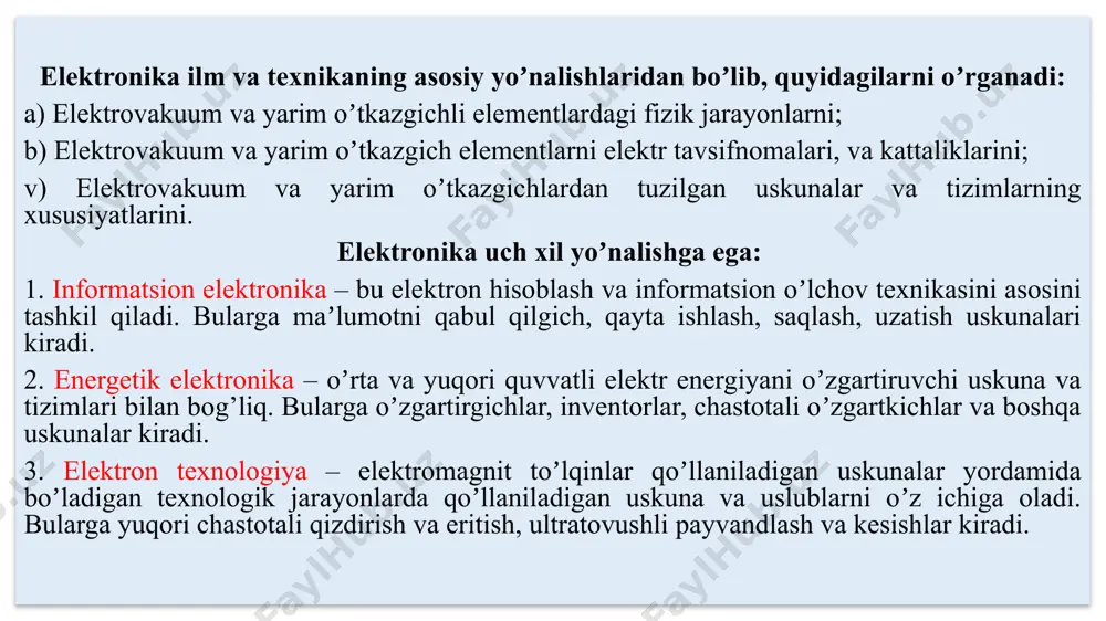 chiqib absolyut 0 (nol) haroratda bajariladi. metallarda valentli va oʼtkazish zonasi bir-birini qoplaydi, shuning uchun 0 k da metall elektr oʼtkazish xususiyatiga ega boʼladi. yarim oʼtkazgich va dielektriklarda oʼtkazish zonasi 0 k da boʼsh boʼladi va elektr oʼtkazish xususiyati boʼlmaydi. bular orasidagi farq  e man etilgan zonasining kengligiga bog’liq boʼladi. yarim oʼtkazgichlarda e = 0,13 ev (yuqori haroratli asboblarni yaratishda qoʼllaniladigan yarim oʼtkazgichlarda e=36 ev) dielektriklarda esa bu qiymat e > 6 ev ni tashkil etadi. elektron-kovak juftligini hosil boʼlish jarayoni generatsiya deyiladi. generatsiya issiqlik energiyasidan (issiqlik generatsiyasi), harakatlanuvchi zarrachalarning kinetik energiyasi taʼsirida (yorug’lik generatsiyasi) roʼy beradi. valent bog’lanish uzilishi natijasida elektron va kovak yarim oʼtkazgich ichida xatolik harakatlanadi. bu harakat elektron energetik sathini kovak yoki kovakning energetik sathini elektron bilan toʼlgunicha davom etadi va uzilgan valent zonasi tiklanadi, elektron-kovaklar yoʼkoladi. bu jarayon rekombinatsiya deb ataladi. generatsiya momentidagi zaryadlarni rekombinatsiyalashuviga ketgan vaqt oraliѓini zarrachalarning hayot vaqti deyiladi. hayot vaqtida …