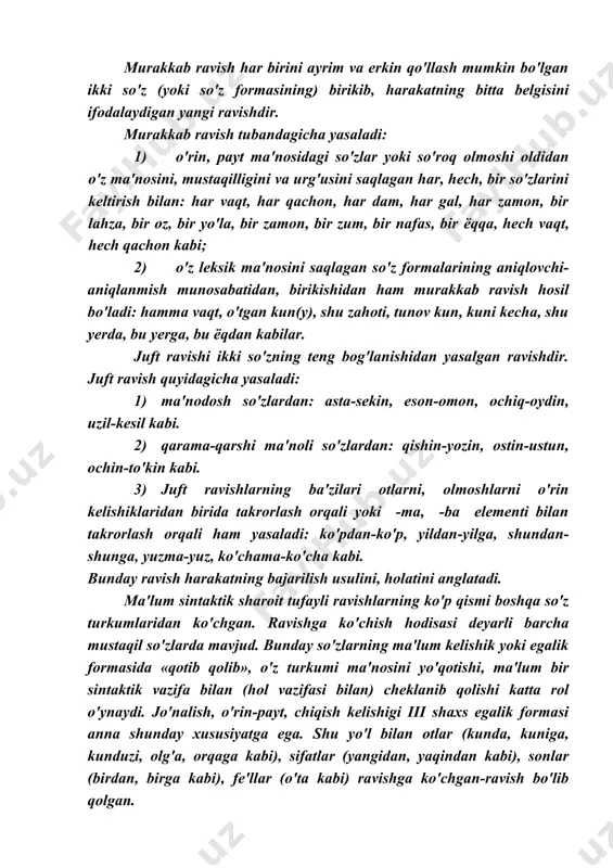 giga munosabat kabi modal ma'nolar -roq, -gina(-kina,-qina) affikslari orqali ifodalanadi: masalan: ko'proq, ozroq, sekinroq, ko'pgina, andakkina kabi. qiyos qilinmagan belgining kuchliligi, takrorlanib turishi, sifatlarda bo'lganidek, juda, nihoyatda, behad, g'oyat kabi daraja ravishlarini boshqa ravishlarning oldidan keltirish bilan yoki ravishlarni takrorlash bilan ifodalanadi. bunday ravishlar kuchaytirma ravishlar deyiladi. masalan: juda ko'p, juda oz, juda tez, nihoyatda sekin, behad jim, g'oyat sekin, kam-kam, tez-tez, ko'p-ko'p kabi. adabiyotlar ro'yxati 1. i.a.karimov. barkamol avlod-o'zbekiston taraqqiyotining poydevori. toshkent, 1997 yil 2. u.tursunov, n.muxtorov, sh.rahmatullayev. «hozirgi o'zbek adabiy tili» 1992 yil 3. a.abduazizov. «o'zbek tili fonologiyasi va morfologiyasi» toshkent, 1992 yil 4. s.rahimov, b.umurqulov, «hozirgi o'zbek-adabiy tili» toshkent, 2001 y 5. s.rahimov, b.umurqulov, «hozirgi o'zbek adabiy tili» toshkent, 2003 y 6. sh. shoabdurahmonov, m.asqarova, a.hojiyev. «hozirgi o'zbek adabiy tili» ii qism. toshkent, «o'qituvchi» nashriyoti, 1980 yil 7. a.g'ulomov, a.n. tixonov, r. kungurov. «o'zbek tilimorfem lug'ati» toshkent, 1977 yil 8. www.ziyonet.uz