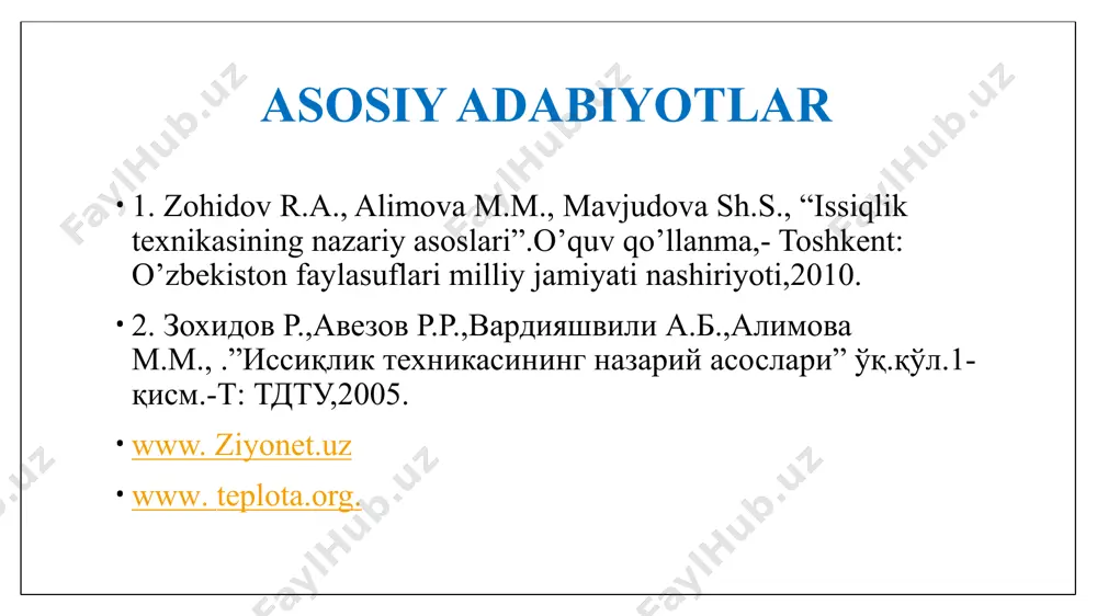 ‘rganiladi: - izoxorik jarayon (v = const); - izobarik jarayon (p = const); - izotermik jarayon (t = const); - adiabatik jarayon (s = const, dq = 0); - politropik jarayon (c = const). yuqorida berilgan asosiy jarayonlarni tahlil qilishdan avval, ichki energiya va entalpiya holat funksiyasi ekanligi va ularning o‘zgarishi jarayonning xarakteriga bog‘liq emasligini e’tiborga olish zarur. shuning uchun ichki energya va entalpiyaning o‘zgarishini aniqlovchi, har qanday jarayonlarga ta’luqli bo‘lgan tenglamalarni olish mumkin. masalan, izoxorik jarayonda v=const va mexanik ish lv = 0, u holda termodinamikaning 1-qonuni tenglamasi izoxorik jarayon uchun quyidagi ko‘rinishda yoziladi: qv =  u (6.1) gazning asosiy xolat parametrlarini ko‘rsating? du, dq, c cp, cv p, v, t p, h, d birinchi termometr kim tomonidan ixtiro qilingan? r.mayer s.karno lomonosov galilo galiley solishtirma hajmning o‘lchov birligini ko‘rsating? kg/m3 m3/kg m3 sm3 agar simobli manometrning ko‘rsatkichi 375 mm.sim.ust. barometrning ko‘rsatkichi 0 gradusda 750 mm.sim.ust.ga teng bo‘lsa, …