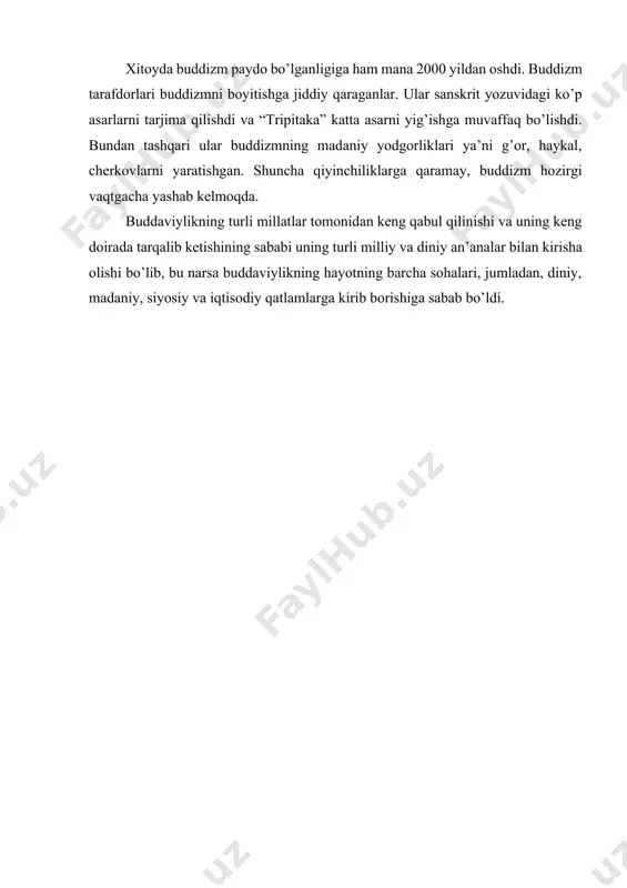 bo’lgan. budda 40 yil davomida o’z ta’limotini hindistonning turli joylariga etkazadi va 80 yoshida kushtnagara degan joyda dunyodan o’tdi. uning jasadi hind udumiga ko’ra u yerda kuydirilib, uning xoki 8 ta budda jamoalariga bo’lib yuboriladi va har bir jamoa uni dafn etgan joyida ibodatxona barpo etdi. buddizm sakyamuni davrida to’rt haqiqat: hayot azobi (ya’ni azob – uqubatning boshlanishi, azob-uqubatning tugashi va bu tugashda yetakchilik qiluvchi yo’llar), asl yo’llar (ya’ni to’g’rilik, to’g’ri fikrlash, to’g’ri so’zlash), 12 ta nirvana va hayotlilikni bog’lab turuvchi 12 ta zanjir: 1) bilimsizlik yoki bexabarlik; 2) harakat: 3) ong: 4) nom yoki ko’rinish; 5) dahldorlik, his qilish; 6) his-tuyg’uning 6 a’zosi; 7) sezish, his-tuyg’u; 8) hohish, istak, talab; 9) tushunish; 10) mavjud bo’lmoq; 11) tug’ilish; 12) qarish va o’limni targ’ib qilgan.[footnoteref:2] [2: abdusamedov a. “din tarixi” toshkent 2004.45-bet. ] budda ruhoniylar darajasini o’rnatish, ma’rifat, bilim bor joylarni qidirish va u yerda o’z qonunlarini targ’ib qilgan. bu joylar …