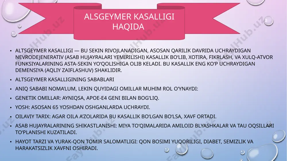 : dori vositalari: xotirani yaxshilovchi va simptomlarni kamaytiruvchi dorilar (masalan, donepezil, rivastigmin, memantin). psixoterapiya va kognitiv reabilitatsiya. fizik faollik – yurish, jismoniy mashqlar. sog‘lom ovqatlanish – meva-sabzavot, baliq, omega-3 kislotalar. ijtimoiy faollik – suhbat, kitob o‘qish, yangi narsalarni o‘rganish. oldini olish choralar sog‘lom turmush tarzini yuritish qon bosimi va diabetni nazorat qilish aqliy faoliyatni rag‘batlantirish (krossvord, kitob o‘qish) yetarli uyqu chekish va spirtli ichimliklardan voz kechish demensiya kasalligining kelib chiqish sabablari turlicha bo‘lib, bu kasallik miya hujayralarining zararlanishi yoki nobud bo‘lishi bilan bog‘liq. quyida demensiyaning asosiy sabablarini to‘liqroq bayon qilaman: 1. altsgeymer kasalligi demensiyaning eng keng tarqalgan sababi. miya hujayralarida amiloid blyashkalar (proteindan tashkil topgan yot tuzilmalar) va tau oqsillari to‘planadi, bu esa hujayralararo signal uzatishni buzadi va hujayralarning o‘lishiga olib keladi. sababi aniq emas, ammo genetik omillar, yosh va ba’zi hayot tarzi omillari muhim rol o‘ynaydi. 2. vaskulyar (qon tomir bilan bog‘liq) sabablari miya qon aylanishining buzilishi demensiyaga sabab …
