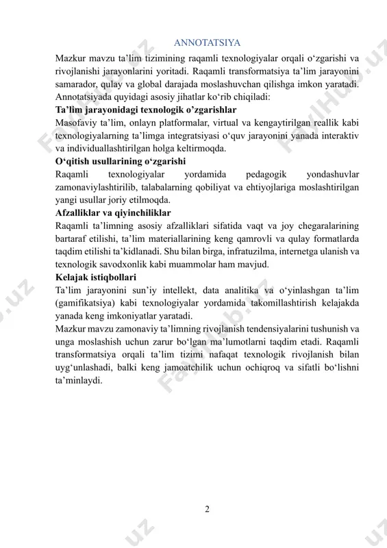 kelmoqda. raqamli transformatsiya global jarayon bo‘lib, barcha sohalarda, shu jumladan taʼlim tizimida ham innovatsion yondashuvlarni talab qilmoqda. raqamli texnologiyalar taʼlim jarayonini nafaqat samaraliroq va qulayroq qilmoqda, balki o‘quvchilarning o‘qishga bo‘lgan qiziqishini oshirish, shaxsiy yondashuvni kuchaytirish, bilim olish imkoniyatlarini kengaytirish kabi jihatlarda ham katta imkoniyatlar yaratmoqda. bugungi kunda onlayn taʼlim platformalari, virtual laboratoriyalar, sunʼiy intellektga asoslangan o‘qitish tizimlari, masofaviy taʼlim dasturlari va boshqa zamonaviy vositalar taʼlim tizimini sifat jihatdan yangi darajaga olib chiqmoqda. taʼlim jarayonining raqamlashtirilishi o‘quvchilarga cheksiz bilim manbalaridan foydalanish imkonini yaratmoqda va pedagogik faoliyatni optimallashtirishga yordam bermoqda. o‘zbekiston respublikasida ham taʼlim jarayonini raqamlashtirish sohasida sezilarli o‘zgarishlar kuzatilmoqda. xususan, davlat dasturlari doirasida axborot-kommunikatsiya texnologiyalarining taʼlim tizimiga keng joriy etilishi, elektron darsliklar, interaktiv taʼlim vositalarining rivojlanishi va masofaviy taʼlim tizimlarining joriy qilinishi bunga yaqqol misoldir. shu bilan birga, raqamli transformatsiya jarayonida bir qator muammolar ham uchramoqda, jumladan, infratuzilmaning yetishmasligi, o‘qituvchilarning texnologik savodxonligi darajasi pastligi va resurslarning cheklanganligi kabi muammolar hal etilishini …