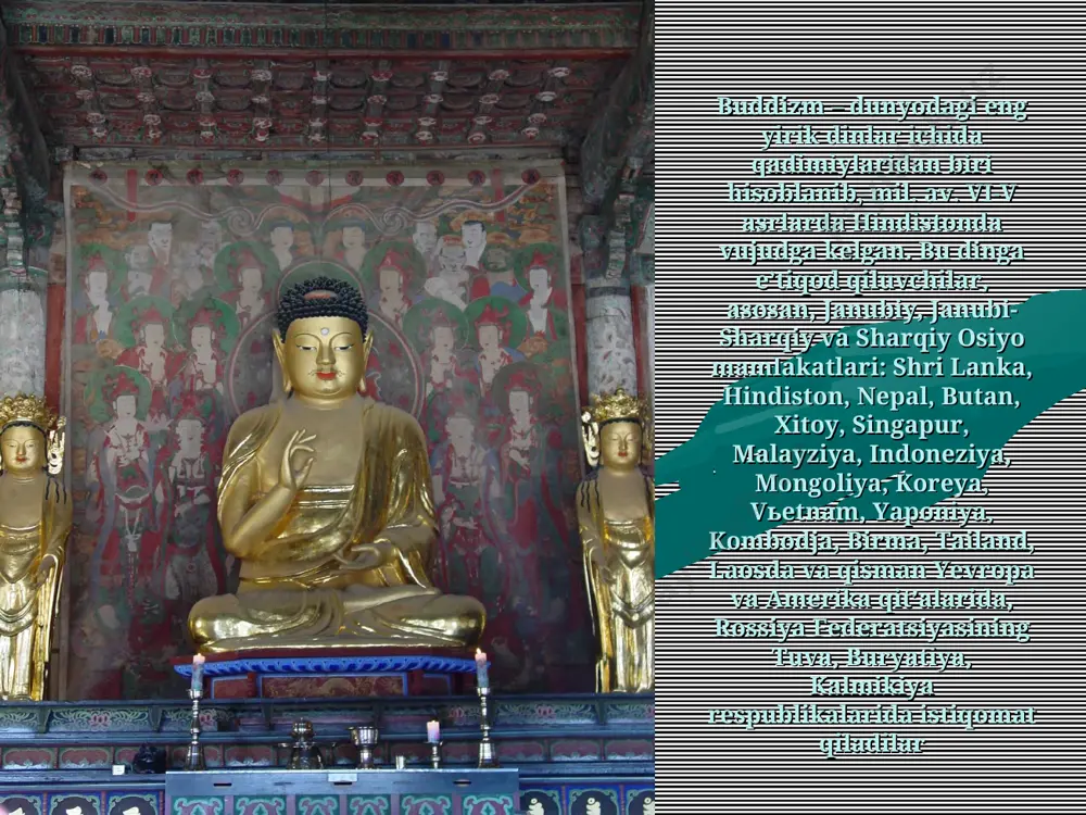 a, keraksiz fikrlar va boshqalarga zarar yetkazib qo’yishdan saqlanishga intilish; o’zini to’g’ri tutish – o’ziniki bo’lmagan narsaga ko’z olaytirmaslik, ortiqcha hissiyotga berilmaslik; to’g’ri anglash – o’z tanasi va ruhiga o’zini yo’qotib qo’ymaydigan darajada nazoratda bo’lish hamda bunda ehtiroslar va iztiroblarga chek qo’yish; to’g’ri harakat qilish – o’zidagi yomon tuyg’ularni jilovlash hamda ezgu tuyg’ular va harakatlarni rivojlantirish; to’g’ri hayot kechirish – noma’qul hayot tarzidan saqlanish; to’g’ri fikr yuritish – kamolotning to’rt bosqichini ketma-ket bosib o’tish; to’g’ri gapirish – yolg’ondan, tuhmatdan, haqoratdan va befoyda gaplardan saqlanish buddizm – dunyodagi eng yirik dinlar ichida qadimiylaridan biri hisoblanib, mil. av. vi-v asrlarda hindistonda vujudga kelgan. bu dinga e’tiqod qiluvchilar, asosan, janubiy, janubi-sharqiy va sharqiy osiyo mamlakatlari: shri lanka, hindiston, nepal, butan, xitoy, singapur, malayziya, indoneziya, mongoliya, koreya, vьetnam, yaponiya, kombodja, birma, tailand, laosda va qisman yevropa va amerika qit’alarida, rossiya federatsiyasining tuva, buryatiya, kalmikiya respublikalarida istiqomat qiladilar hozirgi kunda e’tiqod qiluvchilar soni jihatidan buddizm …