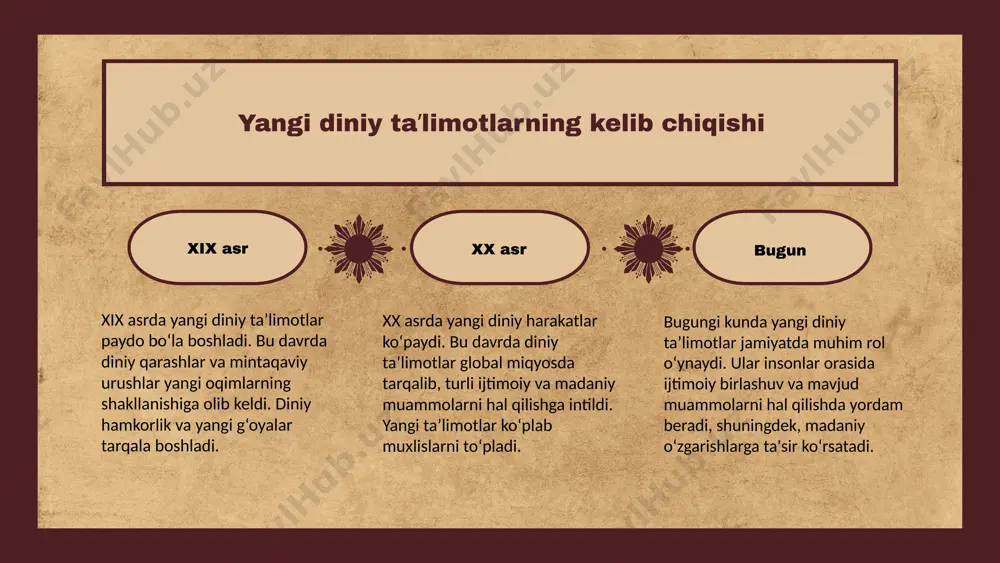 uvvatlaydi. sektalarning jamiyatda o'ziga xos roli bor. ular ijtimoiy taraqqiyotda, jamiyatning maʼnaviy va madaniy rivojlanishida muhim ishtirok etadi. sektalarning jamiyatdagi ijobiy va salbiy taʼsiri ijobiy taʼsirlar sektalar ijtimoiy birdamlikni mustahkamlashi va o'zaro qo'llab-quvvatlashni ta'minlashi mumkin. ular jamiyatda yangi aloqalar va hamkorliklarni rivojlantirishga yordam beradi. salbiy taʼsirlar biroq, sektalar ijtimoiy bo'linish va nizolarga olib kelishi mumkin. ular ba'zan ekstremizmni kuchaytirishi va ijtimoiy tartibsizlikka sabab bo'lishi mumkin. yangi diniy oqimlarning kelajagi zamonaviy dunyo va o'rni yangi diniy oqimlar, zamonaviy dunyoda, ijtimoiy tarmoqlar va internet orqali tez tarqalmoqda. globalizatsiya ularga yangi g'oyalar va qadriyatlarni qabul qilish imkonini beradi, bu esa yangi ijtimoiy harakatlarning paydo bo'lishiga olib keladi. yosh avlodning qiziqishi yosh avlod yangi diniy oqimlarga qiziqishi ortmoqda. ular, ko'pincha, texnologiya va ijtimoiy tarmoqlar orqali o'z fikrlarini ifoda etishadi, bu esa ularning ishtirokini oshiradi va kelajakda diniy harakatlarning rivojlanishiga ta'sir qiladi. yangi diniy oqimlarning imkoniyatlari yangi imkoniyatlar yangi diniy oqimlar uchun ijtimoiy va madaniy …