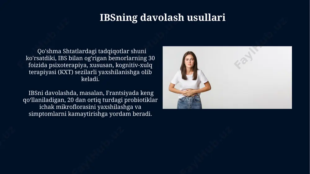 monlashuvi aniqlangan. ibs tashxisini qo'yishda shifokorlar bemorning 3 oy davomida kamida 1 marta bo'lgan qorin og'rig'ini, defekatsiyadan keyin yengillashishini va najasning tez-tezligi yoki konsistensiyasining o'zgarishini hisobga oladilar, shuningdek, rim mezonlari iv ga muvofiq qo'shimcha tekshiruvlar o'tkazadilar. savollar va javoblar ibsning 30% dan ortiq hollari ayollarda uchraydi va bu koʻpincha 20-40 yosh oraligʻidagi aholi qatlamlarida kuzatiladi, ayniqsa, aqshning shimoliy-sharqiy hududlarida. ibs belgilari, masalan, qorin ogʻrigʻi, diareya va qabziyat, bemorlarning 75% gacha boʻlgan qismida stress bilan bogʻliq boʻlib, butun dunyo boʻylab millionlab odamlarga taʼsir qiladi. dori-darmonlar ичак перистальтикасининг бузилиши 20-30%гача ошқозон-ичак йўлларидаги нохуш ҳолатларнинг пайдо бўлишига, хусусан, диарея, қабзият ва метеоризмга олиб келиши мумкин, бу эса тошкент шаҳридаги клиникалардаги кузатувларга кўра аниқланган. жаҳон соғлиқни сақлаш ташкилотининг маълумотларига кўра, ўзбекистонда ibs (тиришиш ичак синдроми) билан 10 дан ортиқ кишидан 1 таси касалланади ва бу касаллик 30-40 ёш оралиғидаги аёлларда кўпроқ учрайди. ibs bilan yashayotganlar uchun maslahatlar ibs bilan yashayotganlar uchun muntazam ravishda, kuniga …