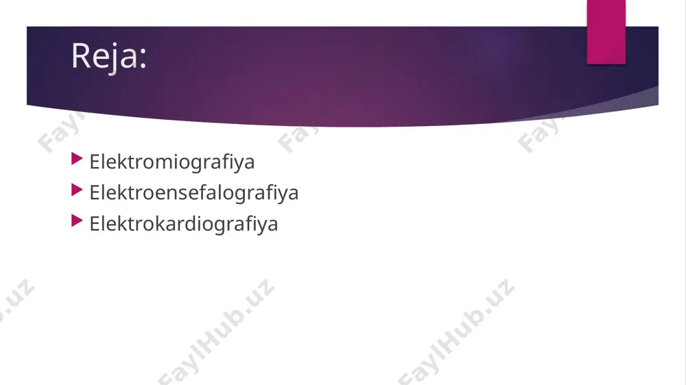 lchash usuli elektroensefalografiya (elektro... va yun. bosh miya va... grafiya) — bosh miya faoliyatini tekshirish usuli; bosh miyaning bioelektrik faolligini elektroensefalograf vositasida yozib olish. bosh miyada sodir boʻladigan bioelektrik faol harakatlarni yozib olish mumkinligi va uni klinik ahamiyatini ilk marta nemis psixiatri gans berger aniqlagan miya ham oʻz faoliyatida, xuddi boshqa aʼzo va toʻqimalar singari, juda kichik elektr yurituvchi kuch (e.yu.k.) hosil qilib turadi. uni elektroensefalografda qayd etish mumkin. buning uchun tekshirilayotgan odam boshiga plastinkasimon elektrodlar qoʻyilib, ular apparatga ulanadi, apparat miyaning biopotensiallarini yozib boradi. elektrkardiogramma (ekg) yurak kasalliklarini tashxis qilishda ishlatiladi elektrokardiografiya (ekg) – yurak mushaklarini elektr toki bilan qoʻzgʻatish natijasida hosil boʻladigan potensiallarni oʻlchashga asoslangan. bu elektrokimyoviy usul asosidagi nazariya boʻyicha yurakka tok dipoli sifatida qaraladi. bu nazariyaga koʻra yurakning elektr dipol momentining vektori va odam tanasi yuzasida joylashgan ma’lum nuqtalar orasida hosil boʻladigan potensiallar ayirmasi oʻrtasida bogʻlanish bordir. vaqt birligi ichida yurak moduli va elektr dipol momentining …