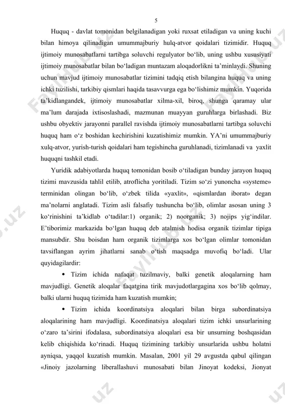 h maqsadga muvofiq bo‘ladi. ular quyidagilardir: · tizim ichida nafaqat tuzilmaviy, balki genetik aloqalarning ham mavjudligi. genetik aloqalar faqatgina tirik mavjudotlargagina xos bo‘lib qolmay, balki ularni huquq tizimida ham kuzatish mumkin; · tizim ichida koordinatsiya aloqalari bilan birga subordinatsiya aloqalarining ham mavjudligi. koordinatsiya aloqalari tizim ichki unsurlarining o‘zaro ta’sirini ifodalasa, subordinatsiya aloqalari esa bir unsurning boshqasidan kelib chiqishida ko‘rinadi. huquq tizimining tarkibiy unsurlarida ushbu holatni ayniqsa, yaqqol kuzatish mumkin. masalan, 2001 yil 29 avgustda qabul qilingan «jinoiy jazolarning liberallashuvi munosabati bilan jinoyat kodeksi, jionyat protsessual kodeksi va ma’muriy javobgarlik to‘g‘risidagi kodekslarga o‘zgartirish hamda qo‘shimchalar kiritish to‘g‘risida»gi qonun normalari ta’sirini tahlil etib ko‘raylik. unga ko‘ra, jinoyat huquqidagi javobgarlikdan ozod qilish instituti yangi mazmundagi normalar bilan boyitildi. ya’ni jinoyat kodeksining 661-moddasi bilan to‘ldirilishi endilikda taraflarning yarashishi munosabati bilan muayyan shartlar asosida jinoiy javobgalikdan ozod qilish mukinligini qonuniy mustahkamladi. ushbu norma asosida jinoiy javobgarlikdan ozod qilish tartibi masalasi jinoyat protsessual huquqida yangi institutni …