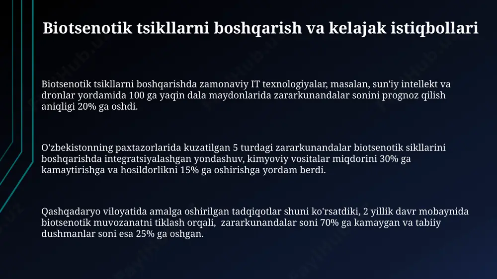 onning paxta plantatsiyalarida kuzatilgan. kimyoviy vositalardan foydalanish 100 ga yaqin foydali hasharotlar turlarining sonini kamaytirib, biotsenozda muvozanatning buzilishiga olib kelishi mumkin, masalan, andijon viloyatida. 2022 yilgi ma'lumotlarga ko'ra, kimyoviy vositalarning noto'g'ri qo'llanilishi tuproqning unumdorligini 30% ga kamaytiradi va yer osti suvlarini ifloslantiradi, jumladan, qashqadaryo viloyati hududida. zararkunandalar sonining monitoringi va prognozi фарғона водийсидаги боғларда ўсимлик паразитларининг тарқалишини прогноз қилиш учун 3 та турли математик моделлар қўлланилган бўлиб, уларнинг аниқлиги 80-95% оралиғида баҳоланган. 2022 йилда тошкент вилоятида пахта куртларининг сонини мониторинг қилиш натижаларига кўра, зараркунандаларнинг тарқалиши 15% га ошгани аниқланди, бу эса кимёвий ҳимоя чораларини кучайтириш заруратини кўрсатади. қорақалпоғистон республикасидаги 500 га яқин деҳқон хўжаликларида ўтказилган текширувлар натижасида, 20% дан ортиқ ер майдонларида зараркунандалар сонининг кескин кўпайиши кузатилган, бу эса тезкор чораларни талаб этади. populyatsiya dinamikasi va tsiklik o'zgarishlar toshkent viloyatida olib borilgan kuzatishlar natijasida, 5 turdagi zararkunanda populyatsiyasi 15% dan 30% gacha o'zgarib turishi, ularning rivojlanishiga ob-havo sharoitlari va tabiiy …