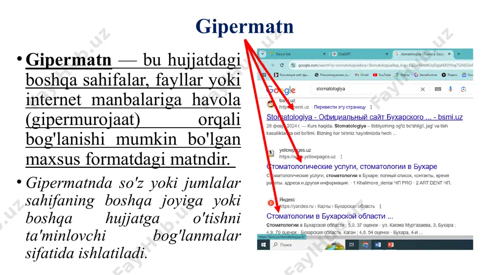 mrab oladi. interaktivlik: foydalanuvchi bir nechta gipermurojaatlar yordamida turli ma'lumotlar o'rtasida mustaqil ravishda harakatlanishi mumkin. tarmoqlangan tuzilma: ma'lumotlar bog'langan tarmoq shaklida tashkil etiladi, bu esa foydalanuvchiga kerakli manbaga erishishni osonlashtiradi. gipermedia misoli: internetdagi veb-saytlar gipermedianing eng yaxshi namunasidir. masalan, bir maqolani o'qiyotgan foydalanuvchi maqola ichidagi video, ovozli yozuvlar yoki boshqa maqolalarga bog'langan gipermurojaatlar orqali boshqa resurslarga o'tishi mumkin. 1.hujjat ichidagi bo'limga gipermurojaat qo'shish quyidagi matnni birinchi sahifada kiriting “2-sahifaga o‘tish” va matn oʻlchamini 28 qilib oʻrnating. ikkinchi sahifada “bu ikkinchi sahifa” yozuvini kiriting va matn oʻlchamini 28 hamda rangini yashil qilib oʻrnating. uchunchi sahifada “bosh sahifaga qaytish” yozuvini kiriting va matn oʻlchamini 28 hamda rangini qizil qilib oʻrnating . matnlarni kiritish natijasi вид ilovasidan несколько страниц koʻrinishini o‘rnating. word oynasi past oʻng burchagidagi – va + tugmalari koʻmagida oʻlchamni oʻzgartiring. hujjat ichidagi bo'limga gipermurojaat qo'shish ikkinchi sahifadagi “bu ikkinchi sahifa” matnni belgilab olingan matnni uchun главная ilovasidagi стили sohasida загаловок …
