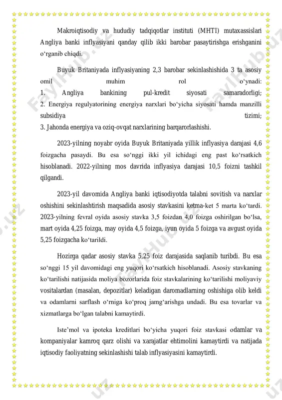 energiya narxlari keskin darajada oshganligi sababli ushbu ko‘rsatkich 3371 funt sterlinggacha (80 foizga) ko‘tarildi. shuningdek, 2022-yilning oktyabr oyidan 2023-yilning mart oyigacha bo‘lgan davrda energiya to‘lovlarini qo‘llab-quvvatlash tizimi (energy bill support scheme) doirasida uy-xo‘jaliklariga energiya xarajatlarining ma’lum qismini qoplash uchun manzilli ravishda 400 funt sterling miqdorida mablag‘ ajratildi. inflyasiya darajasini pasaytirish, aholining xarid qobiliyatini oshirish uchun tegishli choralarning ko‘rilishi natijasida 2023-yilining oxirlariga kelib inflyasiya darajasi ikki barobardan ko‘proqqa pasaydi. umuman olganda, buyuk britaniyaning pul-kredit siyosati iqtisodiy sharoitlarga mos ravishda moslashuvchan bo‘lib, narxlar barqarorligini ta’minlash va iqtisodiy o‘sishni rag‘batlantirish o‘rtasida muvozanatni saqlashga qaratilgan. 2.xitoy pul-kredit siyosati-xitoy pul-kredit siyosati — xitoy xalq respublikasining rasmiy pul birligi boʻlgan renminbi qiymatini barqaror ushlab turish va iqtisodiy oʻsishga hissa qoʻshishni maqsad qilgan. pul-kredit siyosati vazifasi maʼlum makroiqtisodiy maqsadlarga erishish uchun markaziy bank yoki boshqa tartibga soluvchi organlarning valyuta va kreditni boshqarish va tartibga solishga qaratilgan harakatlarni oʻz ichiga oladi. xitoy pul-kredit siyosati mamlakatning tezkor iqtisodiy o‘sishini …
