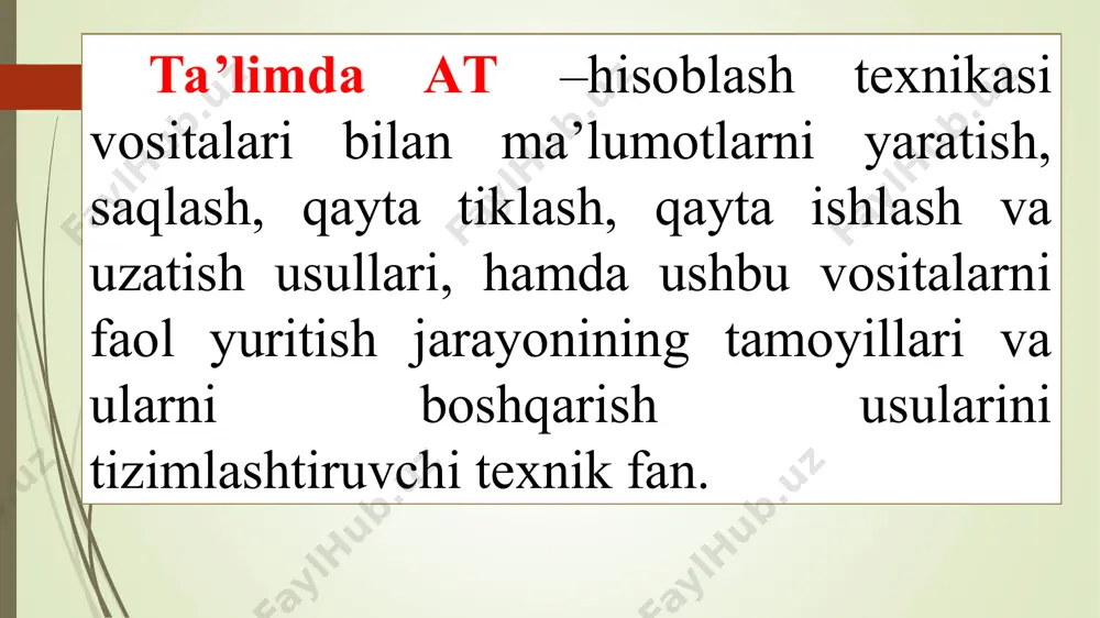 sus amaliy dasturlar majmuasi tomonidan amalga oshiriladi. tarmoq orqali matnlar ma’lumotlar bo’laklari ko’rinishida o’zatiladi. matn. matn – bu ma’lumotlarni ifodalash shakli o’lib, u mazmunan yagona, yaxlit va tanlangan tilning belgilari ketma-ketligidan iborat. matn hujjat asosidir. . tasvir. tasvir – bu biror voқea, xodisa yoki jarayonlarni o’zida ifodalagan rasm bo’laklari va ranglardan iborat ma’lumotdir. foto, manzara, matematik funktsiyalar grafigi, statistik ma’lumotlar diagrammasi va shunga o’xshash ma’lumotlar tasvir hisoblanadi. kompyuter yordamida tasvirlarga ishlov berishni to’rt guruhga ajratish maqsadga muvofiq hisoblanadi: 1. kulrang va rangli tasvirlar; 2. ikki xil va bir necha “rangli” tasvirlar; 3. uzluksiz egri va to’g’ri chiziqlar; 4. nuqtalar yoki ko’pburchaklar iborat tasvirlar. bu turkumlash tasvirni ko’rib idrok qilish mexanizmi bilan emas, balki ularni taqdim etish va qayta ishlashga yondashish bilan bog’liq. animatsiya. animatsiya ma’lum tezlikda tasvirlarni almashtirish maҳsulidir. bunda ma’lum vaqt oralig’ida, ma’lum sondagi bir xil o’lchamga ega bo’lgan tasvirlar tezkor almashtiriladi. natijada mulg’tiplikatsiyaga o’xshash harakatlanuvchi (animatsion) tasvir hosil …