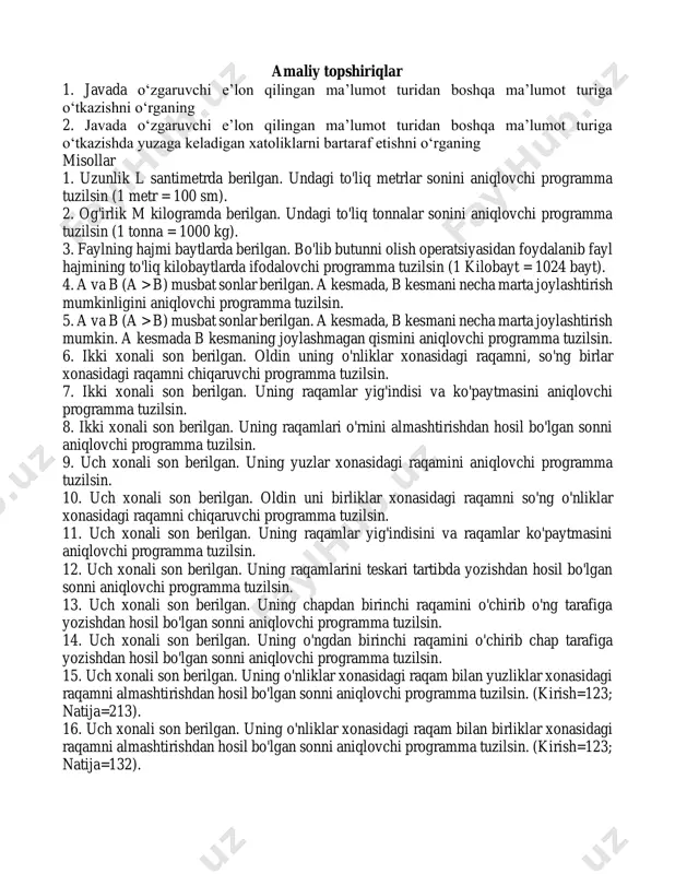 uni birliklar xonasidagi raqamni so'ng o'nliklar xonasidagi raqamni chiqaruvchi programma tuzilsin. 11. uch xonali son berilgan. uning raqamlar yig'indisini va raqamlar ko'paytmasini aniqlovchi programma tuzilsin. 12. uch xonali son berilgan. uning raqamlarini teskari tartibda yozishdan hosil bo'lgan sonni aniqlovchi programma tuzilsin. 13. uch xonali son berilgan. uning chapdan birinchi raqamini o'chirib o'ng tarafiga yozishdan hosil bo'lgan sonni aniqlovchi programma tuzilsin. 14. uch xonali son berilgan. uning o'ngdan birinchi raqamini o'chirib chap tarafiga yozishdan hosil bo'lgan sonni aniqlovchi programma tuzilsin. 15. uch xonali son berilgan. uning o'nliklar xonasidagi raqam bilan yuzliklar xonasidagi raqamni almashtirishdan hosil bo'lgan sonni aniqlovchi programma tuzilsin. (kirish=123; natija=213). 16. uch xonali son berilgan. uning o'nliklar xonasidagi raqam bilan birliklar xonasidagi raqamni almashtirishdan hosil bo'lgan sonni aniqlovchi programma tuzilsin. (kirish=123; natija=132). 17. 999 dan katta bo’lgan son berilgan. bir marta bo'lib butunni va bo'lib qoldiqni olish operatsiyasidan foydalanib berilgan sonni yuzliklar xonasidagi sonni aniqlovchi programma tuzilsin. 18. 999 …