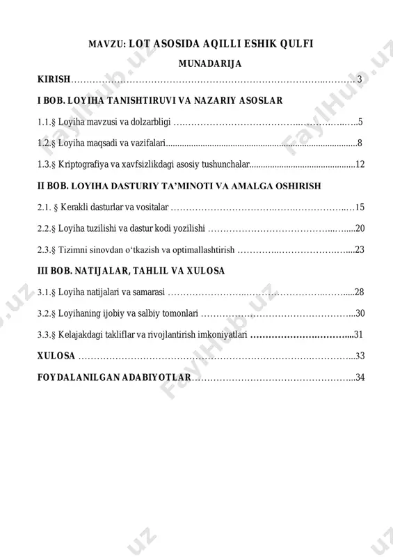 giya yordamida foydalanuvchi o‘z eshigini 4 istalgan masofadan, masalan, internet orqali, xavfsiz tarzda ochish yoki qulflash imkoniga ega bo‘ladi. lot’ning muhim afzalligi shundaki, u energiya tejovchi va uzoq masofaga ishlovchi tizimlar uchun ayni muddao hisoblanadi. shuningdek, ushbu loyihada foydalanuvchi identifikatsiyasini himoyalash va xavfsizlikni oshirish uchun zamonaviy kriptografik algoritmlar, masalan, aes yoki rsa shifrlash usullari joriy etiladi. aqlli qulf faqat ruxsat etilgan foydalanuvchi tomonidan boshqarilishi kerak bo‘lganligi sababli, foydalanuvchi ma’lumotlarini himoya qilish eng muhim jihatlardan biri hisoblanadi. mazkur loyiha nafaqat texnik jihatdan muhim, balki amaliy jihatdan ham dolzarb bo‘lib, uni hayotga tadbiq etish orqali odamlar o‘z uylarini, ofislarini va boshqa obyektlarini yuqori darajada xavfsiz tarzda himoyalash imkoniyatiga ega bo‘ladilar. bundan tashqari, tizimni kengaytirish, uni boshqa aqlli uy qurilmalari bilan integratsiya qilish imkoniyatlari ham mavjud. ushbu loyiha uchta asosiy bo‘limdan iborat: birinchi bobda loyiha nazariyasi va asosiy tushunchalar bayon etiladi, ikkinchi bobda dasturiy ta’minot va kodlar yordamida loyiha amalga oshiriladi, uchinchi bobda …