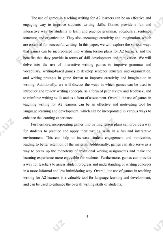 lls. furthermore, games can also be used to provide a way for teachers to assess student progress and understanding of writing concepts in a more informal and less intimidating way. the theoretical value of this work is that it provides a comprehensive overview of the ways in which games can be used to teach writing to a2 learners. it also provides an understanding of the benefits of using games in the classroom, such as increasing motivation and engagement, and providing a way to assess student progress and understanding. the practical meaning of this work is that it can serve as a guide for teachers and educators who are looking for ways to incorporate games into their writing lesson plans for a2 learners. it can also be used as a resource for students who are looking for ways to improve their writing skills in an engaging and interactive way. structurally the …