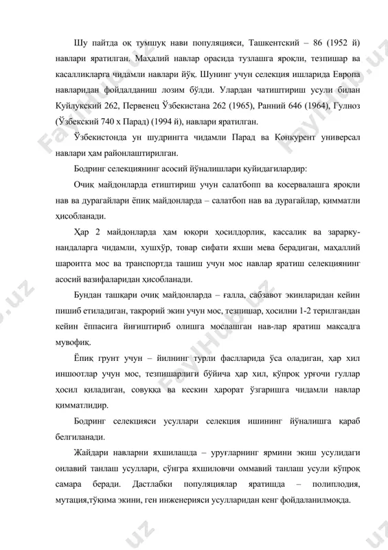 экилмаслиги керак (биологик ифлосланади); · уруғлик учун (категория уруғлардан фойдаланилади); · етиштириш давомида 20 т гўнг, n150 150, р150 к75 кг со​линиши ке​рак. уруғлик мевалар 3.5 – 4 ойдан кейин етилиб пишади. шунинг учун ўзбекистон шароитида такрорий экин сифатида етиштириб уруғ олиб бўлмайди. ўзбекистонда бодринг апрелнинг охирларида экилса ўсимликлар яхши ўсиб, ривожланиб, уруғлик мевалардан тўла шаклланиб сифатли уруғлар олиш мумкин. мевалари етилиш даврига кирганда камроқ суғорилади. уруғлик ўсимликларда ўсув регуляторларидан фойдаланиш мум​кин. ўсимликлар 2-3 та чинбарг чиқарганда 300-400 мл\л ҳисобидан гидрел ва композан сепилса ўсимликларнинг ўсиш секинлашади, урғочи гуллари ва тугунчалар сони кўпаяди, уруғ ҳосилдорлиги ошади. ўсимликларда ҳар бирида ўртача 3 дона мева қолдирилса ҳосил энг юқори бўлган. бунинг учун 2-3 марта кўк мевалар терилади. бунда уруғ ҳосилдорлиги пасаяди, лекин уруғ сифати ошади. 4.уруғларнинг нав ва экиш сифатларини сақлаб қолиш ва яхши​лаш усуллари. бодринг уруғчилигида аввало навларнинг механик ва биологик ифлосланишига йўл қўймаслик керак. бунинг учун битта хўжаликда битта навнинг …