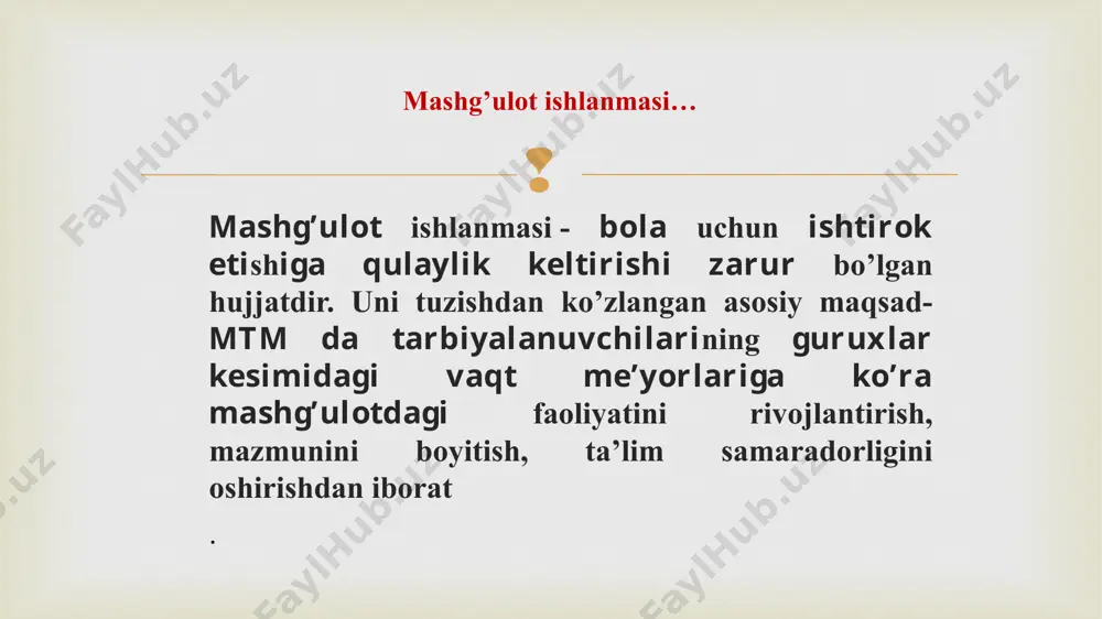 acha ta’lim tizimini tubdan takomillashtirish chora-tadbirlari to‘g‘risida” 2017-yil 30-sentabrdagi pf-5198-son farmoniga va o‘zbekiston respublikasi prezidentining “o‘zbekiston respublikasi maktabgacha ta’lim vazirligi faoliyatini tashkil etish to‘g‘risida” 2017-yil 30-sentabrdagi pq-3305-son qaroriga muvofiq amalga oshiradi. 2017-yil 30-sentabrdagi pq-3305-son qarori yuqori darajadagi madaniyatlilik va ma’naviyatlilik shaxsiya ma’munaviy xulq obro’li bo’lish vatanparvarlik va burch tuyg’usi insonparvarlik va ijtimoiy tayyorgarlik o’quv tarbiyaviy ishlarni tashkil etish qo’llab quvvatlash va o’quv jarayoninaing muhiti psixologik- pedagogik tayyorgarlik chet tillarni bilish o’z fanini chuqurroq bilish bilimdonlik, zakovatlik yangi pedagogik texnologoyalarni egallaganlik ilmiy-uslubiy ishlar ilmiy-tadqiqot ishlari o’z ishini doim takomollashtirib borishga intilish me’yoriy xujjatlarni bilish kompyuter texnologoyalarni bilish axborot negizi reyting nazorati nimalarni bilish va talabalar bilimini aniqlashda qo’llay olish standart bo’yicha testlarni ishlab chiqish va ishlatishni bilish tarbaiyalanuvchilarning bilimini xolisona baholash va nazorat qila bilish musiqa raxbariga qo’yiladigan talablar tarbiyalashni bilish o’qitishni bilish shaxsiy fazilatlar vijdonlik adolatpar- varlik talabchanlik dilkashlik maslaxat- go’ylik hayrixoxlik эътиборингиз учун раҳмат!