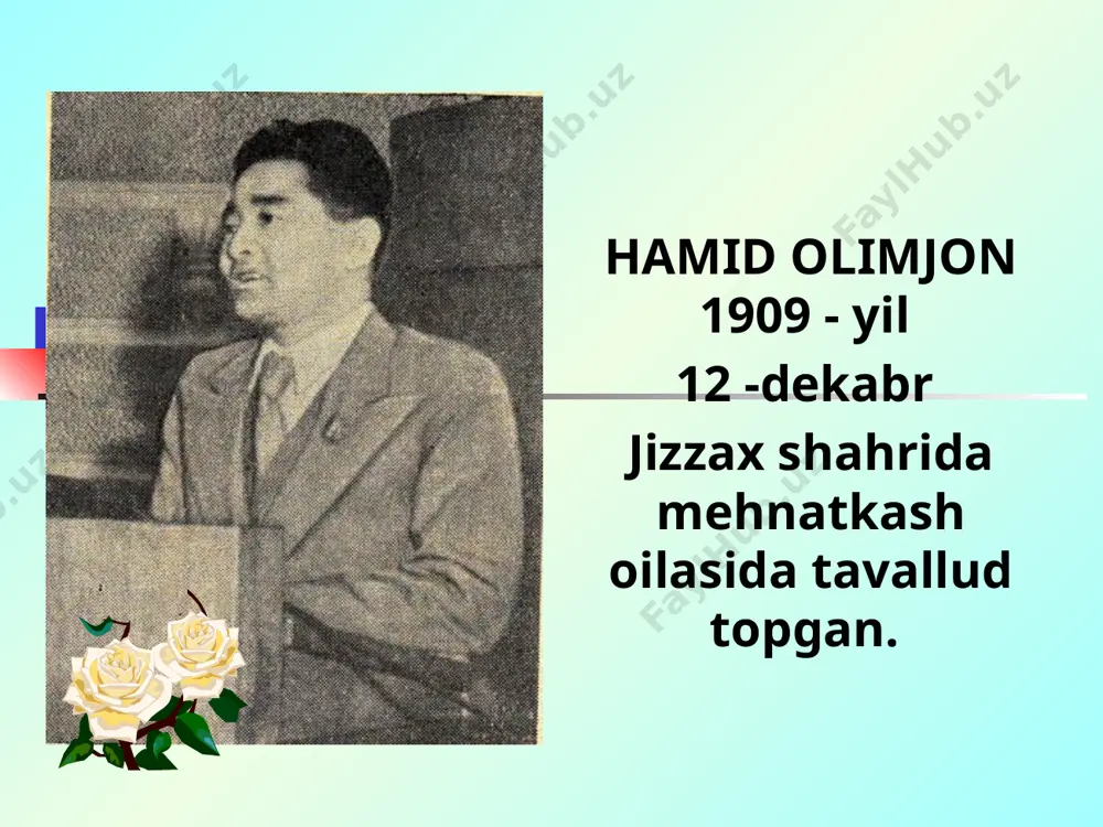 dini o’rganishga bag’ishlangan ilmiy maqolalari, ayniqsa, ahamiyatlidir. shuningdеk, hamid olimjon rus adabiyotining bir qator go’zal namunalarini o’zbеk tiliga katta mahorat bilan tarjima qilib, ularni хalqimiz va madaniyatimizning qimmatbaho mulkiga aylantirdi. image1.jpeg image2.jpeg image5.jpeg