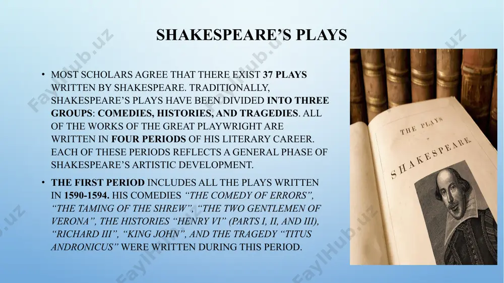 ado about nothing. 1599-1600. henry v., julius caesar., as you like it. 1600-1601. twelfth night., hamlet. “romeo and juliet” “romeo and juliet” is a tragedy based on “romeus and juliet”, a poem by the english author arthur brooke. it was first published in 1597 and first performed in 1596. romeo and juliet is a story of love and hate. it deals with two teen-aged lovers in verona, italy, who are caught in a bitter feud (dushmanlik) between their families, the montagues and the capulets. it is a story of two young people who fall in love at first sight, marry secretly because their families are bitter enemies, and die because each cannot bear to live without the other. it is also a story of two families whose hatred for each other drives a son and daughter to destruction. only after they have lost their children the parents learn the folly …