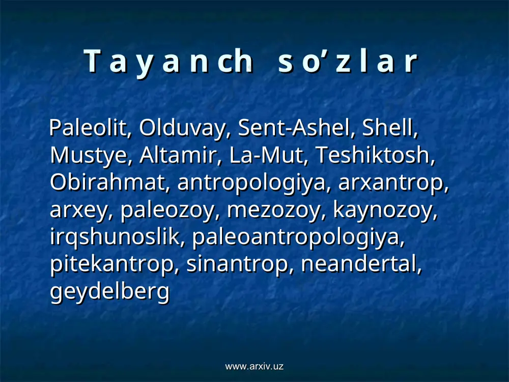 ishlari jarayonida juda katta, hozirgi biror hayvonga teng kelmaydigan suyak qoldiqlari, kremen toshi topiladi. bu topilmalar bojxona amaldori, havaskor arxeolog bushe de pertga katta qiziqish uyg’otadi. www.arxiv.uz www.arxiv.uz xix asrning 50-yillarida olduvay (tanzaniya) dan keyin 2-o’rinda turuvchi qadimgi manzilgoh - sent ashel tolpiladi. bu yerdan juda ko’plab toshdan qilingan “boltalar” topiladi (800 ga yaqin). ular ustida 25 yil davomida tadqiqot ishlarini olib boragan arxeolog rigollo ularni soxta emasligini tasdiqlaydi. www.arxiv.uz www.arxiv.uz keyinchalik shell (fransiya), ispaniyaning dordon departamentida solyutre va mustye manzilgohlarining topilishi tosh davri qurollarining yasalish uslubi va texnikasini o’rganishga yo’l ochib berdi. www.arxiv.uz www.arxiv.uz 1868 yilda shimoliy ispaniyada altamir g’oridagi qoyatosh suratlari ovchilar tomonidan topiladi va arxeolog savtuola tomonidan o’rganiladi. bunga o’xshash qoyatosh suratlari dordondagi la-mut g’orida arxeolog emil river tomonidan o’rganiladi. www.arxiv.uz www.arxiv.uz o’rta osiyoda paleolit davrining o’rganilish tarixi 1938 yildan boshlanadi. bu yilda a.p. okladnikov tomonidan teshiktosh g’ori topiladi va mustye davri madaniyati hamda neandertal tipga mansub …