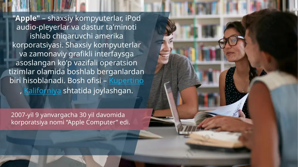 , jobs oʻzning 40 ta ishchisini boʻshatishga majbur boʻladi. 1985-yilda aqsh prezidenti ronald reygan texnik progressni rivojlantirgani uchun jobs va wozniakga medal topshiradi. lorem ipsum dolor sit amet, consectetuer adipiscing elit. 11 11 kampaniya asoschisi – stiv jobs kopchilik uchun buyuk shaxs timsoliga aylanib ulgurgan ‹#› 12 bugungi kunga qadar apple kompaniyasi to’g’grisida juda ko’plab kitoblar yozilgan va hattoki to’liq metrajli film ham ishlangan. ‹#› 13 apple kompaniyasi juda boy va yorqin tarixga ega. kompaniya jobsning kichik garajidagi startaptidan milliard dollorlik korporatsiya va texnologiyaga nisbatan insonlarning qarashlari o’zgarishi kabi qiziqarli yo’llardan o’tgan. 14 14 15 stiv jobs applega qaytib kelganida, kompaniyaning barcha kompyuterlari chindan ham chiroyli ko'rinishini ega bolishini xohlagan. uning maqsadi kompyuterlar egalariga mag'rurlik bag’shlashi va qaraganida yoqimli ko’rinishda bo’lishi edi. o'z qarorlarini qabul qilishda ko’maklashish uchun dizayner jon ayve (u hali ham apple kompaniyasining asosiy xodimi) ga blansh-kartalarini topshirdi. deyarli hamma narsa stivni qoniqtirardi , faqatgina asosiy rang …