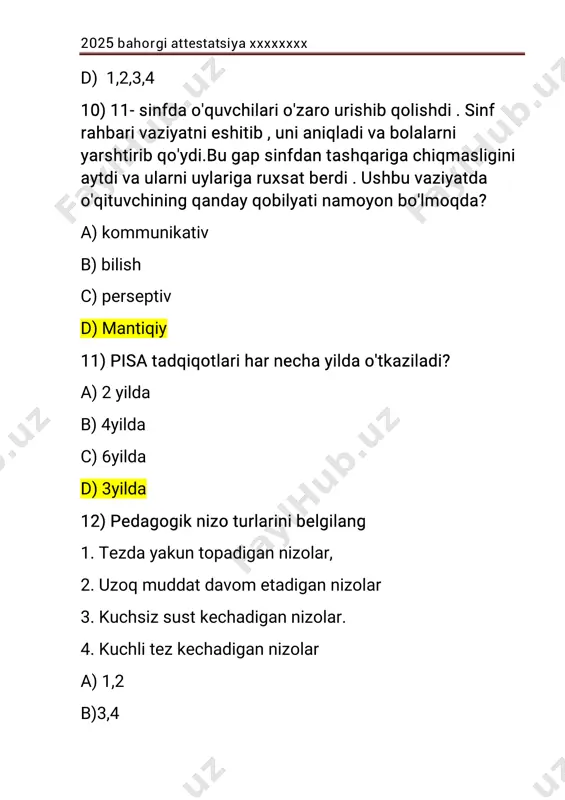 ,2-a 22)moslashtiring. 1.masofaviyta'lim 2.noana'naviyta'lim a)o'quvchilartomonidano'quvmateriallarinidistansion o'rganish,ularningbilimlarinisinabko'rishvao'qituvchilar bilanaloqaqilishuchuninternetvazamonaviy texnalogiyalardanfoydalanishnio'zichigaoladi b)o'qituvchio'quvchininghamkorlikdagifaoliyatiga,o'quv vatarbiyajarayoniningsamaradorliginioshirishuchun yangiusullarniishlabchiqishbo'yichatajribagaasoslanadi c)ta'lim nazariyasio'quvfaoliyatiningkattalarsubyekti tomonidanbilim vako'nikmalarnio'zlashtirishningo'ziga xosqonuniyatlariniochibberadiganbo'limi a)1-a,2-b b)1-a,2-c c)1-b,2-a, d)1- c,2-b 23)moslashtiring 1)bilim 2)kònikma a)egallaganbilimlarninganiqxatt-harakatidagi,ifodasi, òzlashtirilganbilimlarniamaliyotgaqòllashusullarini egallash b)òquvjarayoningtashqiifodasi,uningichkimohiyati, 2025bahorgiattestatsiyaxxxxxxxx mantig̀i,mazmuniuchunqobiq c)ma’lum birfanninazariyòzlashtirishniakasettiradigan insong̀oyalariyìg̀indisi a)1-a 2-c b)1-b 2-c c)1-c 2–a d)1-a 2-b 24)yig̀ilishdabiròqituvchipedagogikmahoratiyuqori ekanligihaqidagapirdi.yoshmutaxassisesaòzfanini chuqurbilishi,ammopedagogikmahoratiyetishmasligini aytib,unimalardaniboratbòlishisòradi.quyida “pedagogikmahorat”tushunchasita’rifiniqamrabolgan javoblarnibelgilang. 1)madaniyatningyuqoridarajasi,bilimdonlikvaaql- zakovatningyuksakkòrsatkichi 2)òzfanigadoirbilimlarningmukammalsohibi 3)pedagogikavapsixalaogiyakabifanlarsohasidagi bilimlarnipuxtaegalaganligi,ulardankasbiyfaoliyatida foydalanaolishi 4)òquv-tarbiyaviyishlarmetodikasinimukammalbilishi a)2,3 b)1,2 c)2,3,4 d)1,2,3,4 2025bahorgiattestatsiyaxxxxxxxx 25)moslashtiring 1)tarbiyaviyfaoliyatnitashkiletish 2)xavfsizlikrivojlantiruvchita’lim muhitiniyaratishva ta’minlash a)ta’limninganiqvaòlchanadigannatijalarini, shuningdekushbunatijalargaerishdaaniqmuddatlar uchunvaziyatlarnianiqlashvaularnirejalarda shakllantirish b)òquvchilarnita’lim vatarbiyajarayonigajalbqilish, ularningòquvvabilim faoliyatigaqiziqtirishmaqsadida òquvguruhlarinibos
