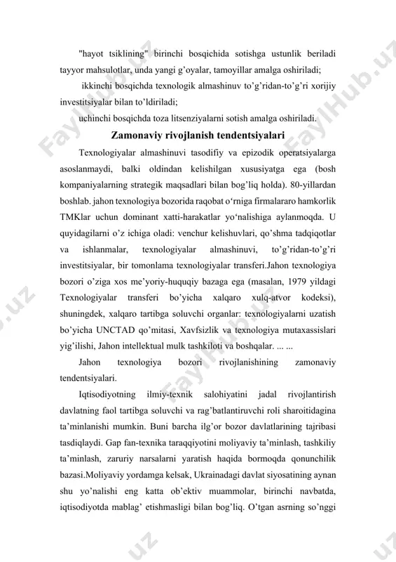jratilgan mablagʻlar miqdori 20-asrning 90-yillari boshidagi 2,4 foizga nisbatan yalpi ichki mahsulotning 2,7 foizigacha oshgan). fanni moliyaviy va tashkiliy ta’minlash (jahon tajribasi shundan dalolat beradi) ba’zan yagona usul bo’lib, masalan, ilmiy-tadqiqot va texnologik innovatsiyalarni moliyalash, kreditlash va sug’urtalash bilan shug’ullanuvchi ixtisoslashtirilgan byudjet va byudjetdan tashqari tashkilotlarni tashkil etish shaklida bo’ladi. innovatsiyalarni soliq va boshqa moliyaviy rag’batlantirish kompleksi haqida ham milliy, ham mintaqaviy darajada shunday deyish mumkin. shuni ta’kidlash kerakki, sharqda eksport ishlab chiqarishni ilmiy-texnik jihatdan ta’minlash tizimi, qoida tariqasida, aniq mustaqillikka ega emas, balki nddkrni rag’batlantirish, innovatsiyalardan amaliy foydalanish bo’yicha milliy loyiha va dasturlarga organik ravishda kiritilgan. ularning xususiyati “fan-ishlab chiqarish-iste’mol” xarakteridir.qonunchilik bazasi va boshqaruvini optimallashtirishning muhim yo’nalishi ixtirolarni patentlash muammolarini hal qilishdir. endi global miqyosda ilmiy-texnikaviy yangilik deb da’vogar ixtiroga patent 4-5 yil kechikish bilan beriladi, buning natijasida nafaqat mahalliy ishlanmalarning ustuvorligi, balki vaqt ham yo’qoladi. ixtironing amalga oshirilishi.ukraina iqtisodiyotini rivojlantirishning geostrategik istiqbollarini tushunish taraqqiyotning texnologik xususiyatlari bilan bog’liq. …
