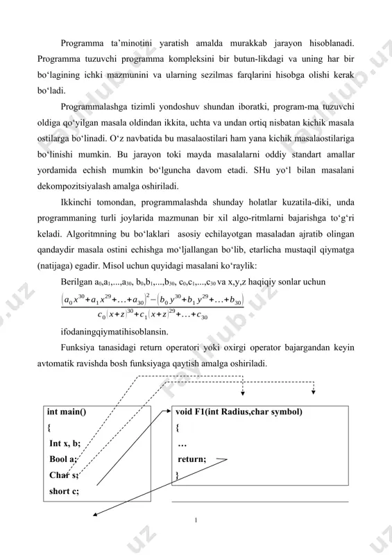 a funksiyalarni chaqirish va qaytish aksariyat hollarda main() funksiyasining parametrlar ro‘yxati bo‘sh bo‘ladi. agar yuklanuvchi programmani ishga tushirishda,buyruq satri orqali yuklanuvchi programma ishga tushirilganda, unga parametrlarni uzatish (berish) zarur bo‘lsa, main() programmasi funksiyasining sintaksisi o‘zgaradi: int main(int argc, char* argv[]); bu erda argc - uzatiladigan parametrlar soni, argv[]- bir-biridan punktuatsiya belgilari (va probel) bilan ajratilgan parametrlar ro‘yxatini o‘z ichiga olgan massivga ko‘rsatkich. quyida funksiyalarni e’lon qilish, chaqirish va aniqlashga misollar keltirilgan: // funksiyalar e’loni int mening_funksiyam (int number, float point); char belgini_uqish (); void bitni_urnatish (short num); void amal_yoq(int,char); // funksiyalarni chaqirish result=mening_funksiyam(varb1,3.14); symb=belgini_uqish(); bitni_urnatish (3); amal_yoq (2, smbl); // funksiyalarni aniqlash int mening_funksiyam (int number,float point); {int x; ... return x;} char belgini_uqish() { char symbol; cin>>symbol; return symbol; }; void bitni_urnatish(short number) { global_bit=global_bit | number; }; void amal_yoq(int x, char ch){}; misollar ch05/cube.cpp 1 #include 2 3using namespace std; 4 5 /** 6computes the volume of a …