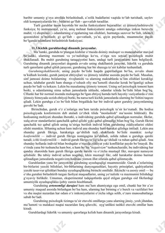 orasmiy guruhlar ham mavjud bo‘ladiki, ular asosan stixiyali tarzda, aniq maqsadsiz tarkib topadi va ularda a’zolarning aniq mavqelari, rollari oldindan belgilangan bo‘lmaydi. ko‘pincha norasmiy guruh rasmiy guruh tarkibida tashkil topadi va ularni boshqarish ham oldindan belgilangan bo‘lmay, odamlar ichidan u yoki bu shaxsiy sifatlari tufayli ajralib chiqkan a’zolar norasmiy rahbarlik rolini bajarishlari mumkin. bundan tashqari, ijtimoiy psixologiyada referent guruh tushunchasi ham bor. bu tushuncha fanga birinchi marta amerikalik tadqiqotchi g. xaymen tomonidan 1942 yilda kiritilgan edi. u o‘z tadqiqotlarida shuni isbot qildiki, ma’lum bo‘lishicha, guruh a’zolari uchun shu guruh ichida yoki boshqa doiralarda shunday shaxslar guruhi mavjud bo‘lar ekanki, u o‘z hatti-harakatlari, fikrlari va yo‘nalishlarida o‘sha guruh a’zolariga ergashish, ularning fikrlarini tanqidsiz qabul qilishga moyil hamda tayyor bo‘lar ekan. shunday shaxslar guruhi referent guruh nomini oldi. o‘quvchi uchun bunday guruh rolini maktabdagi bir necha o‘qituvchilar, otasi yoki onasi, yaqin do‘sti yoki qarindoshlaridan kimdir o‘ynashi mumkin. shunisi harakterliki, shaxs doimo shu …