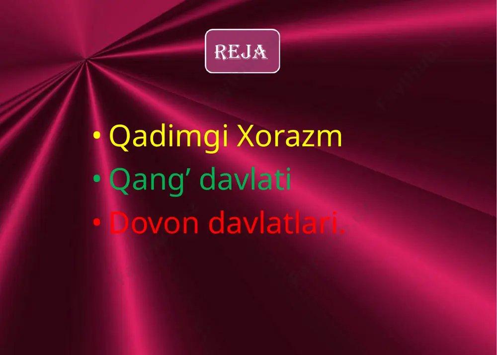 qirilganqal'adan (miloddan avvalgi iv—iii asrlar) topilgan ayrim mahalliy yozuvlardir. qadimgi xorazm (mil. avv. iv asrdan milodiy iv asrgacha) · sug`orish tarmoqlari · hunarmandchilik va savdo · shahar va qal'alar · qurilishningyuqori darajasi · haykaltaroshlik va devoriy tasvir · qadimgi xorazm yozuvi · jonbosqal'a, qo`yqirilganqal'a, tuproqqal'a qadimgi xorazm mil.avv .vii a.-mil. iv a. ko’zaliqir, tuproqqal’a hukmdorlari: -mil.avv. vi asrda saksafar -mil.avv. iv asr farasman -mil. iii a. arusmaxa i, vazyamar asosiy xususiyatlari: -qadimgi sharqning ilk sivilizatsiyalaridan biri; -o’ziga xos madaniyatga egaligi; -o’rta osiyodagi dastlabki yozuvning paydo bo’lganligi -yirik sug’orish inshootlarining mavjudligi; hududi: amudaryo quyi oqimi xorazm, qoraqalpog’iston, toshovuz viloyati. qadimgi qang’ davlati.xitoy manbalarida bu davlatning qang’yuy deb atalgani ma’lum katta xan sulolari tarixida ( mil avv 202-yilda mil 25-yil) faqat bir marta qang’uy (qang’) podshosi o’z oqsoqollaribilan maslaxatlashib ish tutganligi eslatib o’tilgan . miloddan avvalgi iii asrda unga saklar asos solishgan. qadimshunoslarning aniqlashicha toshkent viloyatining oqqo’rg’on tumanidagi qang’ha shahar xarobasi saklarning …