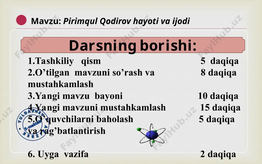 hda aybladilar. asarning ko‘p joylarini qayta ishlashga majbur etmoqchi bo‘ldilar. buni qarangki, mana shu pastkashlikka rahbarlik qilgan yoki bosh qo‘shgan ne-ne zamona zo‘rlarini birov eslamaydi, agar eslasa ham tarixiy xotira jallodlari sifatida irganib tilga oladi. pirimqul qodirovni esa yaratganning o‘zi qo‘lladi. mustaqillik yillari yozuvchi va uning ijodi qarshisida barcha eshiklar ochildi – adib asarlari o‘nlab xorijiy tillarga tarjima qilinib olamga yuz tutdi. pirimqul qodirov hayoti va ijodi риббон * pirimqul qodirov hayoti va ijodi 8 bugun shuni to‘la ishonch bilan aytish mumkinki, o‘zbek adibi pirimqul qodirov shoh va shoir bobur hamda uning bir-biriga o‘xshamagan farzandlari taqdirini to‘laqonli badiiy qayta yaratishda tom ma’nodagi tarixiy vazifani ado etdi. albatta, kelajakda bobur to‘g‘risida, uning sulolasi vakillari haqida ko‘plab badiiy va ilmiy asarlar yaratiladi. ularning dunyoga kelishida esa kelajak mualliflariga pirimqul qodirov tajribasi samarali xizmat qilishi shak-shubhasizdir. риббон * so`ngi sahifa 13 e`tiboringiz uchun rahmat bosh sahifa *