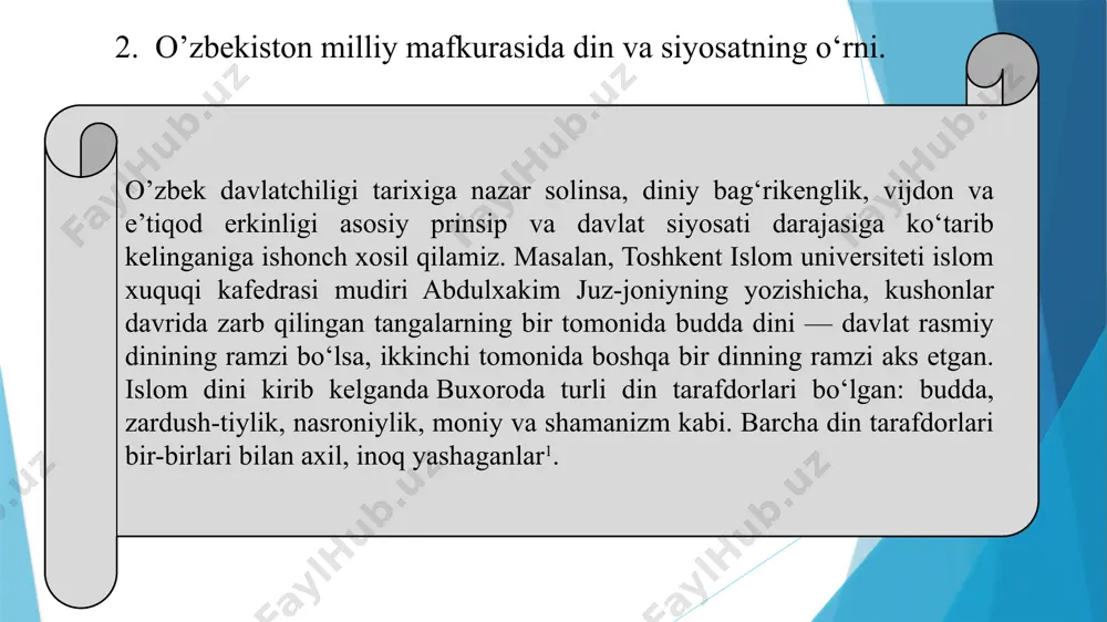 avlatimizning dinga bo‘lgan munosabati nimalar bilan belgilanadi, degan savolga javob berishdan avval „dunyoviylik" degan tushunchaning o‘zi nimani anglatishini aniqlashtirish lozim. dunyoviylik diniy e’tiqodning ijtimoiy-madaniy xayot va qolaversa, umummilliy taraqqiyotdagi axamiyatini inkor etadimi? agar inkor etmasa, dinning xayotiy voqelikdagi rolini u qanday tushunadi? ana shu savollarga oydinlik kiritsakkina mustaqil o’zbekistonda dunyoviy jamiyat qurish yo‘lida amalga oshirilayotgan sa’y-xarakatlarning, shuningdek siyosat, din va mafkura o‘rtasidagi aloqaning, munosabatlarning tub moxiyati ravshanlashadi. fikrimizcha, taraqqiyotning dunyoviy yo‘li sobiq kommunistik mafkura „qoliplari"ga tushmasligi, ya’ni uning daxriylik xamda diniylik emasligiga bog‘liq. bundan dunyoviylik moxiyatan, zikr etilgan ikki qarama-qarshi qutbning, ya’ni diniylik va daxriylikning oralig‘ida joylashgan ma’naviy-madaniy xolat degan xulosaga kelish mumkin. chunki, u diniylikni xam, daxriylikni xam inkor etmaydi, ularning xar ikkalasini ob’ektiv ijtimoiy xodisa deb e’tirof etadi. bundan kelib chiqadigan mantiqiy xulosa shuki, dunyoviylik tushunchasi plyuralizm, ya’ni xurfikrlilikka asoslanadi. dunyoviy taraqqiyot yo‘lidan borayotgan mamlakatlardagi dinga bo‘lgan munosabat demokratik plyura­lizm, ya’ni xurfikrlilik tamoyiliga asoslangani tufayli ularda din xayotdagi …