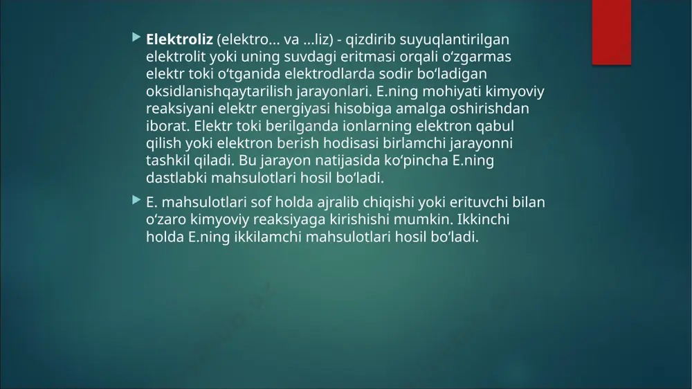 eyning ikkinchi qonuni.moddaning elektroqimyoviy ekvivalenti uning atom (molekulyar) massasi a ning valentlik n ga nisbatiga to`g`ri proportsional atom (molekulyar)massaning valentlikka nisbatiga kimyoviy ekvivalent deyiladi. f ga faradey doimiysi deyiladi. uning fizik ma’nosini aniqlash uchun ushbu ifodaga faradeyning elektroliz uchun umumlashgan qonuni deyiladi. faradey sonining qiymati tajribada aniqlangan va f= 9,648104 kl/mol. elektroliz hodisasi texnikada va sanoatda keng qo`llaniladi. bu usul bilan toza moddalar: temir, marganets, xrom, mis, rux, xlor, ftor va boshqa moddalar ajratib olinadi. kimyoviy tok manbalari -kimyoviy reagentlarning oksidlanishqaytarilish reaksiyalari energiyasi hisobiga elektr toki ishlab chikaradigan qurilmalar. dastlabki kimyoviy tok manbalarim. volt ustuni, leklanshe elementi boʻlgan. uning asosini elektrolit bilan kontakt hosil qiladigan ikki elektrod (biri oksidlagich, ikkinchisi qaytargich) tashkil qilgan. elektrodlar orasida potensiallar farqi — elektr yurituvchi kuch (oksidlanish-qaytarilish reaksiyasining erkin energiyasiga mos) hosil boʻladi. kimyoviy tok manbalarim. elektr kimyoviy tizimlariga koʻra, galvaniq elementlar va akkumulyatorlarga, ishlatilishi va energiyani elektr tarmogʻiga uzatilishi boʻyicha birlamchi, ikkilamchi, zahira va …