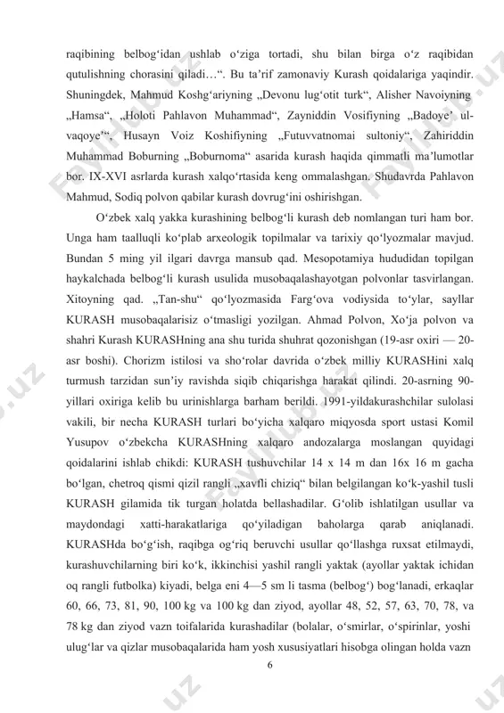 avrida oʻzbek milliy kurashini xalq turmush tarzidan sunʼiy ravishda siqib chiqarishga harakat qilindi. 20-asrning 90- yillari oxiriga kelib bu urinishlarga barham berildi. 1991-yildakurashchilar sulolasi vakili, bir necha kurash turlari boʻyicha xalqaro miqyosda sport ustasi komil yusupov oʻzbekcha kurashning xalqaro andozalarga moslangan quyidagi qoidalarini ishlab chikdi: kurash tushuvchilar 14 x 14 m dan 16x 16 m gacha boʻlgan, chetroq qismi qizil rangli „xavfli chiziq“ bilan belgilangan koʻk-yashil tusli kurash gilamida tik turgan holatda bellashadilar. gʻolib ishlatilgan usullar va maydondagi xatti-harakatlariga qoʻyiladigan baholarga qarab aniqlanadi. kurashda boʻgʻish, raqibga ogʻriq beruvchi usullar qoʻllashga ruxsat etilmaydi, kurashuvchilarning biri koʻk, ikkinchisi yashil rangli yaktak (ayollar yaktak ichidan oq rangli futbolka) kiyadi, belga eni 4—5 sm li tasma (belbogʻ) bogʻlanadi, erkaqlar 60, 66, 73, 81, 90, 100 kg va 100 kg dan ziyod, ayollar 48, 52, 57, 63, 70, 78, va 78 kg dan ziyod vazn toifalarida kurashadilar (bolalar, oʻsmirlar, oʻspirinlar, yoshi ulugʻlar va qizlar musobaqalarida …