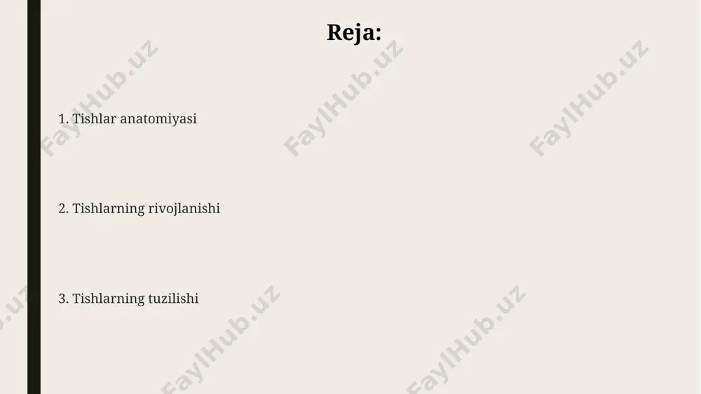 ишларнинг бузилишини олдини олади. эмаль таркибида 96% гидроксиапатит минераллари, 4% сув ва органик моддалар мавжуд бўлиб, бу унинг қаттиқлиги ва чидамлилигини белгилайди. эмалнинг қалинлиги тишларнинг ётган жойига боғлиқ равишда 2,5 мм дан 0,5 мм гача ўзгариб туради, кучли тишларда эса қалинроқ бўлади. bo'yin qismi bo'yin qismida karotid arteriya va jugular vena kabi qon tomirlari joylashgan bo'lib, ular miya va boshning qon bilan ta'minlanishida muhim rol o'ynaydi, shuningdek, 8ta kranial nervlarning bir qismi bo'yin qismidan o'tadi. bo'yin qismida trapezius, sternocleidomastoid va scalene mushaklari kabi muhim mushak guruhlari joylashgan bo'lib, ular bosh harakatlarini va nafas olish jarayonida ishtirok etadi. bo'yin qismining 7 ta umurtasi bo'lib, ular atlas (1-umurtasi) va epistropheus (2-umurtasi) deb nomlanuvchi ikkita yuqori umurtasidan va qolgan 5 ta servikal umurtasidan iborat. tishlar tuzilishi inson tishlari 32 ta bo'lib, ularning har biri toj, bo'yin va ildiz qismlaridan iborat, bunda sut tishlari 20 ta, doimiy tishlar esa 32 ta bo'ladi. tishlarning ildizi …
