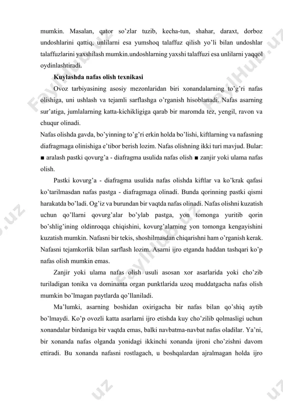 organ punktlarida uzoq muddatgacha nafas olish mumkin bo’lmagan paytlarda qo’llaniladi. ma’lumki, asarning boshidan oxirigacha bir nafas bilan qo’shiq aytib bo’lmaydi. ko’p ovozli katta asarlarni ijro etishda kuy cho’zilib qolmasligi uchun xonandalar birdaniga bir vaqtda emas, balki navbatma-navbat nafas oladilar. ya’ni, bir xonanda nafas olganda yonidagi ikkinchi xonanda ijroni cho’zishni davom ettiradi. bu xonanda nafasni rostlagach, u boshqalardan ajralmagan holda ijro partiyasiga qo’shiladi, natijada kuy uzluksiz yangrayveradi. bu usulga zanjir yoki ulama nafas olish deyiladi. mashqlar o’qish tizimi jarayonida har bir talaba o’qituvchi tomonidan muntazam ovoz diapazonini sozlash, nafasdan to’g’ri foydalangan holda musiqa pardalarida ovozning jarangdorligini topish uchun har bir dars oldidan ma’lum vaqt, albatta, mashq qiladi. bu ijodiy jarayon ma’lum mashqlar asosida olib boriladi. mashqlar (vokal sozlanish) ashulachi ovozini shakllantirish va rivoj- lantirish hamda to’g’ri nafas olish uchun olib boriladigan boshlang’ich bosqich hisoblanadi. u ovozni professional holatga keltirish, mavjud kamchiliklarni chetlashtirish uchun juda keraklidir. shu bilan bir qatorda, mashqlar ustida …