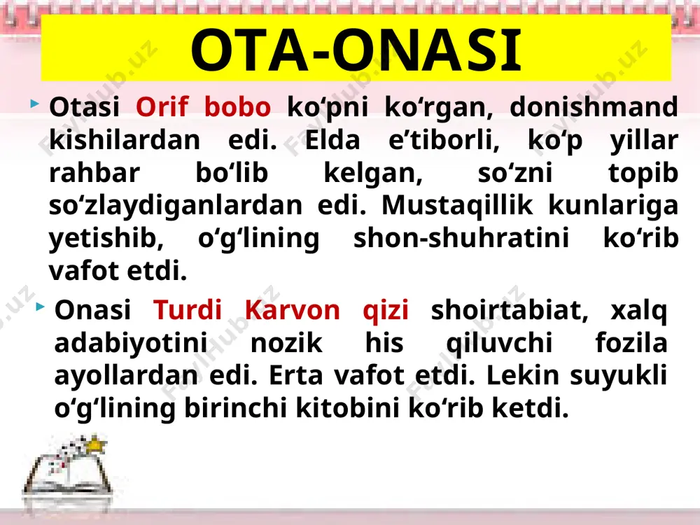 lar tuproqqa cho`kkan edi tiz” – deya nimani ifodalaydi? 3. “sohibqiron” dramasida a. temurning o`z dushmanlari gunohgini ham kechira oladigan shaxs ekanligi kimning timsoli orqali ifodalangan? 4. amir temurning haddidan oshgan kimsalarni ayovsiz jazolashi qaysi timsol orqali ifodalangan? 5. amir temurning ezgu amalli kishilarni taqdirlashi kimlar orqali ochib berilgan? 6. “sohibqiron” dramasida: “bizning uchun ulkan zamin shatranj taxtasi”, - degan kim? 7. “sohibqiron” dramasidagi buqalamun kim? 8. “sohibqiron” dramasida amir temur bilan shatranj o`ynaydigan yigit kim edi? 9. amir temur sulton boyazidni qanday yo`l bilan tahlikaga soladi? 10. amir temur davlatni tutib turuvchi tayanchlar deb nimani aytadi? bilimingizni sinang! e’tiboringizdan xursandmiz! image1.jpeg audio1.wav image2.jpeg image3.jpeg image4.jpeg image5.jpeg image6.jpeg image7.jpeg image8.jpeg image9.gif image10.jpeg image11.jpeg image12.jpeg image13.png image14.jpeg image15.jpeg image16.gif image17.jpeg image18.jpeg image19.jpeg image20.jpeg image21.jpeg image22.jpeg image23.jpeg image24.jpeg image25.jpeg image26.jpeg image27.jpeg image28.jpeg image29.jpeg image30.jpeg image31.jpeg image32.jpeg image33.gif /docprops/thumbnail.jpeg