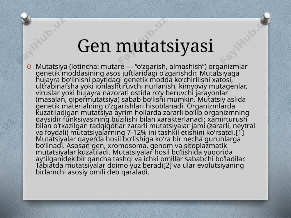 bogʻliq. yuksak rivojlangan organizmlarda gen maxsus nukleoproteid tuzilmalar — xromosomalar tarkibiga kiradi. genning asosiy funksiyasi ferment va b. oqsillar sintezini hujayra rnksi ishtirokida belgilab berishdir. uning bu funksiyasi kimyoviy tuzilishiga boglik. genning tuzilishi oʻzgarganda hujayralardagi muayyan biokimyoviy jarayonlar buziladi, natijada mavjud jarayonlar yoki belgilar kuchayadi, susayadi yoki yoʻqolib ketadi. mas, inson koʻzining qora yoki moviy, atirgulning qizil yoki oq rangi, paxta tolasining uzun yoki qisqa bulishi, qishloq xoʻjaligi hayvonlarining mahsuldorligi va ekinlarning hosildorligi, shuningdek tirik mavjudotlarda boshqa turli morfologik, fiziologik, biokimyoviy belgi va alomatlarning yuzaga kelishi hamda tegishli xususiyatlarga ega boʻlishi maxsus genlarning taʼsiriga bogʻliq. organizmda belgilar koʻp, ularning rivojlanishini taʼmin etuvchi genlar soni yanada koʻp, chunki aksariyat belgilarning rivojlanishini koʻp genlar taʼmin etadi. mas, insonda 10000 ga yaqin gen mavjud. gen mutatsiyalar natijasida oʻzgarishi mumkin. bir juft nukleotidning boshqa bir juft nukleotid bilan almashinishi, nukleotidlarning kamayishi, ikki baravar ortishi yoki oʻrin almashinishi ana shunday uzgarishga sabab boʻladi. mutatsiya tufayli …