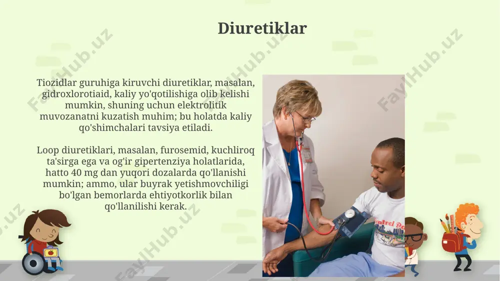 ipertenziya yoki yuqori qon bosimi, 140/90 mm hg dan yuqori bo'lgan sistola va/yoki 90 mm hg dan yuqori bo'lgan diastolik qon bosimi bilan tavsiflanadigan surunkali kasallikdir. kalsiy kanal blokerlari verapamil va diltiazem kabi ba'zi kaltsiy kanal blokerlari yurak urish tezligini sekinlashtiradi, bu esa yurak chiqishi va qon bosimini nazorat qilishga yordam beradi, ayniqsa taxikardiya bilan birga keladigan gipertenziyada. kaltsiy kanal blokerlarining yon ta'siri orasida bosh aylanishi, bosh og'rig'i va shishlar bo'lishi mumkin, bu esa preparat dozasi va bemorning individual xususiyatlariga bog'liq. angiotensin ii retseptor blokerlari angiotensin ii retseptor blokerlari, masalan, valsartan yoki losartan kabi dorilar, qon bosimini 20% gacha pasaytirishi mumkin va yurak-qon tomir kasalliklari xavfini kamaytiradi. ba'zi tadqiqotlar shuni ko'rsatdiki, angiotensin ii retseptor blokerlari 70 yoshdan oshgan bemorlarda yurak-qon tomir o'limi xavfini 15% ga kamaytirishi mumkin. gipertenziyaning turlari gipertenziyaning bir turi bo'lgan birlamchi (esansiyel) gipertenziya holatlarning 90-95% ni tashkil etadi va aniq sababi noma'lum. ikkilamchi gipertenziya esa buyrak kasalliklari, …