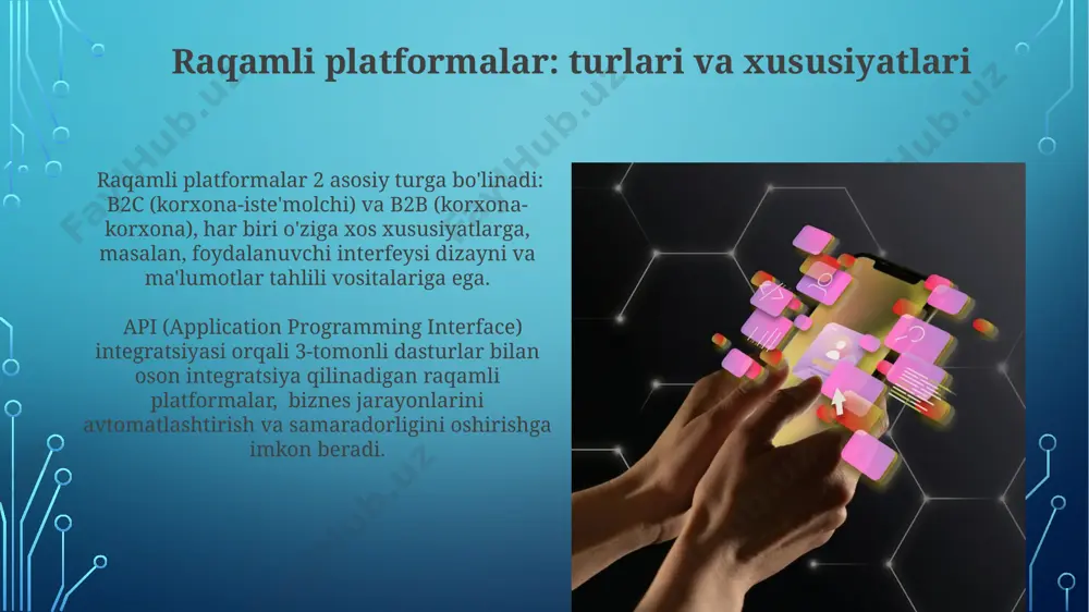 'ati 25% dan oshib, umumiy yalpi ichki mahsulotga (yaim) sezilarli hissa qo'shmoqda va yangi ish o'rinlarini yaratishga olib keladi. raqamli transformatsiyada inson omili inson omili, raqamli platformalarni joriy etishda muvaffaqiyatning 70% ni tashkil qiladi, chunki ularning qabul qilinishi va samarali ishlatilishiga bog'liq. raqamli transformatsiya jarayonida xodimlarni qayta tayyorlashga 30% gacha mablag' sarflash, samaradorlikni 2 barobar oshirishga olib kelishi mumkin. raqamli biznes modellarning paydo bo'lishi bulutli texnologiyalar va apilarning joriy etilishi, raqamli biznes modellarning paydo bo'lishida muhim rol o'ynadi, natijada 5 yil ichida yangi 1000 dan ortiq startaplar paydo bo'ldi. katta ma'lumotlar (big data) analitikasidan foydalanish, mijozlarning xatti-harakatlarini chuqur tahlil qilish imkonini berdi, bu esa shaxsiylashtirilgan marketing strategiyasi va yangi biznes modellarning paydo bo'lishiga olib keldi, shu bilan birga konversiya darajasini 15% ga oshirdi. kiberxavfsizlik va ma'lumotlarni himoya qilish ma'lumotlar buzilishi oqibatida yuzaga keladigan moliyaviy zararlar o'rtacha 4 million dollardan oshadi va bu kompaniyalar uchun jiddiy reputatsion xatarlarni keltirib chiqaradi. kiberxavfsizlikning …