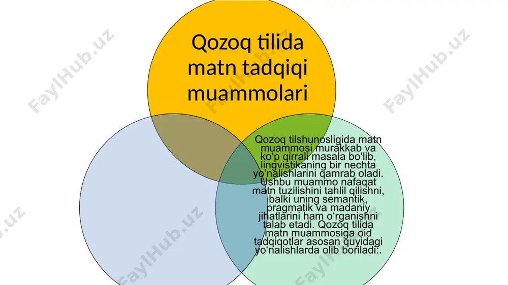 ri ham semantik tahlilda alohida ahamiyat kasb etadi. tarjima va intertekstual aloqa muammosi qirg‘iz tilidagi matnlarni boshqa tillarga tarjima qilishda: • matnning milliy madaniy xususiyatlarini saqlash, • semantik va stilistik moslikni ta’minlash, • matnlararo bog‘liqlikni ko‘rsatish qiyinchilik tug‘diradi. shuningdek, qirg‘iz tilidagi matnlar boshqa tillar matnlari bilan intertekstual muloqotda o‘rganiladi.. turkman tilida matn tadqiqi muammolari: >matnni texnologik qayta ishlash hozirgi zamon informatika va lingvistikasi doirasida turkman tilida matnlarni qayta ishlash texnologiyalari rivojlanmoqda. bunga: • matnni avtomatik tahlil qilish, • natural tilni qayta ishlash (nlp), • avtomatik tarjima va matn tasnifi tizimlari kiradi. bu yo‘nalish bo‘yicha tadqiqotlar turkman tilining zamonaviy kommunikatsiya va texnologiyadagi o‘rnini mustahkamlashga xizmat qiladi. turkman tilidagi matn tadqiqotlarida milliy madaniyat va an’analar aks etgan badiiy matnlar alohida ahamiyatga ega. jumladan: • og‘zaki xalq ijodi (eposlar, qo‘shiqlar, ertaklar), • adabiy matnlar (roman, hikoya, dostonlar) milliy o‘zlikni ifoda etuvchi manba sifatida tadqiq etiladi. turkman tilida matn tadqiqi muammosi nafaqat lingvistik masala, …