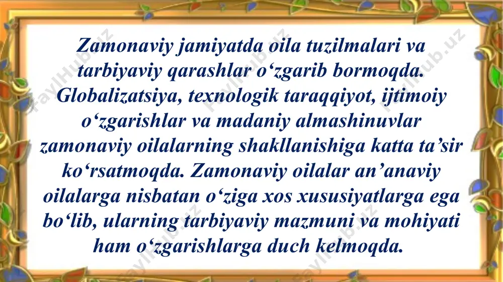 zmun-mohiyati quyidagi jihatlarni o‘z ichiga oladi: ma’naviy va axloqiy tarbiya: oila tarbiyasining asosiy vazifasi bolalarga ma’naviy va axloqiy qadriyatlarni o‘rgatishdir. bu orqali bolalar mehr, rahm, sadoqat, vijdonlilik kabi fazilatlarga ega bo‘ladilar. ijtimoiy moslashuv: oila tarbiyasi bolalarni jamiyatda yashashga, ijtimoiy munosabatlarni to‘g‘ri yo‘lga qo‘yishga va jamiyatda faol ishtirok etishga tayyorlaydi. psixologik qo‘llab-quvvatlash: oila tarbiyasi bolalarning ruhiy salomatligini saqlashga, ularning shaxsiy qobiliyatlarini rivojlantirishga yordam beradi. intellektual rivojlanish: oila tarbiyasi bolalarning intellektual qobiliyatlarini rivojlantirishga, ularni bilim va ko‘nikmalar bilan ta’minlashga qaratilgan. madaniy merosni o‘tkazish: oila tarbiyasi orqali milliy an’analar, urf-odatlar va madaniy qadriyatlar keyingi avlodga o‘tkaziladi. oila tarbiyasining mazmuni quyidagi asosiy yo‘nalishlarni o‘z ichiga oladi: axloqiy tarbiya — bolalarga halollik, adolat, hurmat, odob-axloq qoidalarini singdirish. bu jarayonda ota-onalarning shaxsiy namuna ko‘rsatishi muhim ahamiyatga ega. ma’naviy tarbiya — milliy qadriyatlar, urf-odatlar, tarixiy meros va diniy qarashlarni o‘rgatish orqali bolalarda vatanga sadoqat, insoniylik tuyg‘ularini rivojlantirish. aqliy tarbiya — bolalarning fikrlash, tahlil qilish qobiliyatini rivojlantirish, bilim …