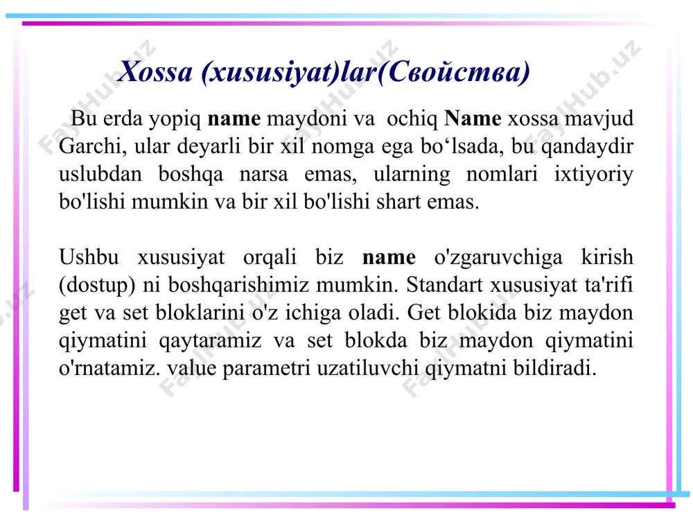 n so’ng people ob'ekti bilan person ob'ektlar to'plami sifatida ishlashimiz mumkin: class program { static void main(string[] args) { people people = new people(); people[0] = new person { name = "tom" }; people[1] = new person { name = "bob" }; person tom = people[0]; console.writeline(tom?.name); console.readkey(); } } 23 indeksatorlar indeksator kutilganidek parametrlar ko'rinishidagi indekslar to'plamini oladi. biroq, indekslar int turida bo'lishi shart emas. masalan, biz ob'ektni xossalar to’plami sifatida qarab, ob'ektning atributi nomini satr sifatida belgilashimiz mumkin: 24 indeksatorlar class user { string name; string email; string phone; public string this[string propname] { get { switch (propname) { case "name": return "mr/ms. " + name; case "email": return email; case "phone": return phone; default: return null; } } 25 indeksatorlar set { switch (propname) { case "name": name = value; break; case "email": email = value; break; case "phone": phone = value; break; } } } } …