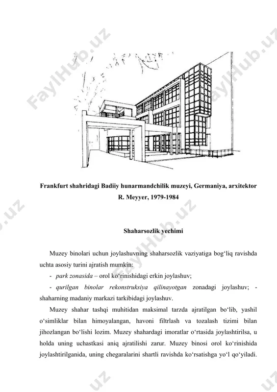 rish zonasi, bino joylashuvi va uning tevaragiga bog‘liq ravishda, hashamdor va tantanavor yoki, aksincha, oddiyroq qilib tashkil qilinishi mumkin. muayyan shaharsozlik sharoitlarida jamoat markazi maydonining bir qismi muzeyga kirish zonasi bo‘lib xizmat qilishi mumkin. avtomobil turargohlari 100 ta tashrif buyuruvchi uchun 10-15 o‘rin hisobidan tashkil qilinadi. ekspozitsiya zonasi funksional va kompozitsion nuqtai nazardan eng muhim ahamiyatga ega. ekspozitsiya muzey uchastkasida bino yaqinida joylashishi yoki tomoshabinlarni jalb qilish maqsadida ko‘cha bilan bog‘langan bo‘lishiham mumkin. bu zona relyefning tabiiy imkoniyatlariva obodonlashtirish elementlaridan foydalanib tashkil etilgan xushmanzarali rejaviy tuzilmasi bilan ajralib turadi. ekspozitsiya, aksariyat hollarda, bino yaqinida, ichki hovlilar va birinchi qavatning qurilmalari bo‘lmagan qismi – galereya, o‘tish yo‘llari va shu kabilarda joylashtiriladi. ekspozitsiya, muzeyning ta’sir zonasiga yon-atrofdagi maydonlarni kiritish maqsadida, muzey yoniga, tomoshabinlar yig‘iladigan joylarga olib chiqilgan holda, ko‘cha yoki maydon bilan bog‘lanishi mumkin. ochiq ekspozitsiya uchun rivojlangan sokolli qavatlar qoplamalari, maxsus podiumlar va maydonchalar ajratiladi. ba’zida, eksponatlarni turli rakurslardan ko‘rish uchun, …