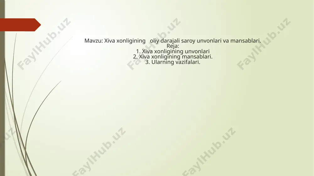 a bo‘lganlar. kengash majlislari masalaning muhimligiga qarab, xon tomonidan chaqirilar edi. xiva xonligining bayrogi va gerbi xon saroyidagi unvon va mansablar. unvonlar orasida eng kattasi inoq edi. odatda inoqlar eng qudratli o‘zbek urug‘laridan tayinlangan hamda hamda ular xonning eng yaqin maslahatchilari bo‘lgan. inoqlar yirik amaldor, ya’ni urug‘ boshlig‘i hisoblangan. abulg‘ozixon tantanali marosimlarda o‘tirish uchun inoqlarga o‘z yonidan to‘rtta joy ajratgan. inoqlar biy, sulton, mingboshi kabi unvonlarni ham olganlar. xx asr boshlariga kelib inoqlar bek martabasiga tushib, oliy saroy amaldorlaridan ma’muriy mansab egalariga aylanadilar. otaliq – urug‘ oqsoqoli. inoq boshliq to‘pa (guruh) ga birlashgan urug‘ boshlig‘i. xonning eng yaqin maslahatchilaridan biri bo‘lgan. otaliq qilich va pichoq taqib yurgan. xiva xonligi chegara xaritasi biy – saroy unvoni. inoq va otaliqdan keyingi martaba. biy qabila va urug‘ning boshlig‘i hisoblanib, ko‘chmanchi va yarim ko‘chmanchi turkiy xalqlarning, jumladan o‘zbeklarning urug‘ oqsoqollariga beriladigan unvon edi. xvii-xix asrlarda biylar yirik o‘zbek qabila va urug‘lariga boshchilik qilib, faqat …