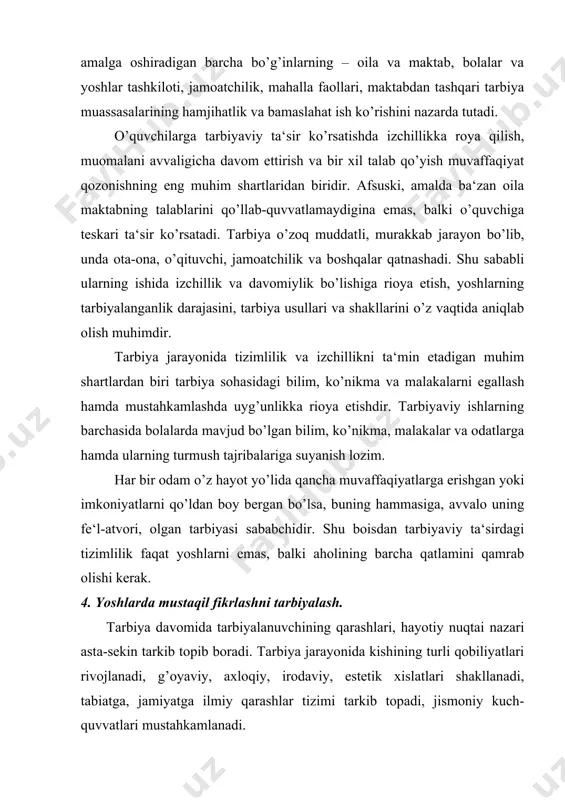 ashkil qiluvchi ma’naviy-insoniy sifatdir. insoniyatning ilk davrlarida fikr tabiatdagi jarayonlarni anglash, ulardan yashash uchun foydalanish va o’zini muhofaza qilish shaklida bo’lgan. fikr bu inson miyasida ma’nolarning o’zaro bog’lantirilishi va rivojlantirilishidir. fikr bosqichlari: anglash, mushohada, shuur, tafakkurdan iborat. shuur uch narsadan: fikr ravshanlashuvi, mushohada, anglamoqdan iborat. mushohada hayotiy, amaliy, tabiiy jarayonlar asosida tushuncha, voqea, hodisalarning tahlili. tafakkur arabcha «mufakkir», «mafakkirotun» so’zlaridan olingan bo’lib, chuqur ma’noli, teran mazmunli, chuqur fikrlash qobiliyati degan ma’noni anglatadi. tafakkur - buyum va hodisalarning umumiy xususiyatlarini, ular o’rtasida mavjud bo’lgan bog’lanishlar va munosabatlarni bilish jarayonidir mustaqil fikrlash komillikning asosiy belgisidir. komillik uch bosqichdan iborat: 1. jismoniy salomatlik; 2. axloqiy poklik; 3. aqliy yetuklik. bu bosqichlarni shakllantirishda mustaqil fikrlash yetakchi o’rin egallaydi. mustaqil fikr yuritish jarayonida insonda fikr, mulohaza, g’oya, faraz, maqsad kabilar vujudga keladi. mustaqil fikr yuritish til va nutq bilan chambarchas bog’liq ravishda namoyon bo’ladi. inson mustaqil fikr yuritish faoliyatida o’zi aks ettirgan sezgan, idrok qilgan, …