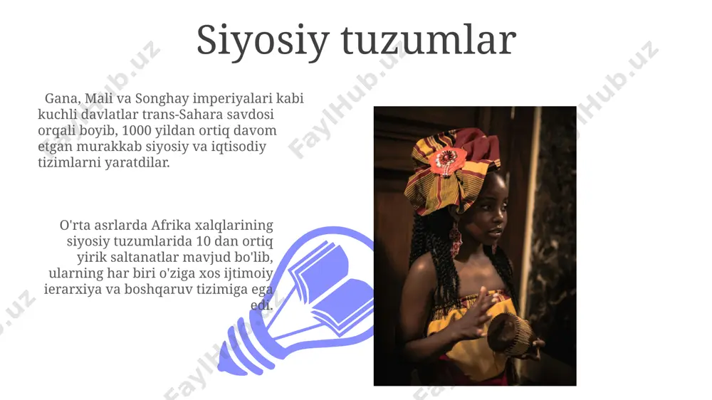liy afrikaga oltin, tuz va qullar kabi mahsulotlar oqimi oshdi, bu esa mintaqa iqtisodiyotining rivojlanishiga va shaharlarning o'sishiga olib keldi. islom ta'siri ostida shimoliy afrika madaniyati arab yozuvi, islom huquqiy tizimi va islom falsafasi kabi elementlar bilan boyitildi, bu esa mintaqaning intellektual rivojlanishiga sezilarli hissa qo'shdi. madaniyat va san'at sahroi kabirdagi koʻplab madaniyatlarda 500 dan ortiq turli xil musiqa asboblari, masalan, dutar, nay va barabanlar kabi cholgʻular qoʻllanilgan. oʻrta asrlarda afrikaning turli mintaqalarida 100 dan ortiq turli xil tillarda yozilgan adabiyot namunalari, jumladan, sheʼriyat, nasr va drama asarlari mavjud boʻlgan. texnologiyalar va innovatsiyalar 01 02 o'rta asrlarda afrika xalqlari tomonidan 1000 dan ortiq turdagi metallurgiya vositalari, jumladan, temirni qayta ishlash uchun ishlatiladigan maxsus pechlar va bolg'alar yaratilgan. sales 1st qtr 2nd qtr 100 0 sales 1st qtr 2nd qtr 100 0 e'tiboringiz uchun rahmat @taqdimot_robot image4.jpg image5.jpg image6.jpg image7.jpg image8.jpg image9.jpg image10.jpg image11.jpg image12.jpg image13.jpg image14.jpg image15.jpg image1.jpeg image2.jpeg image3.jpeg